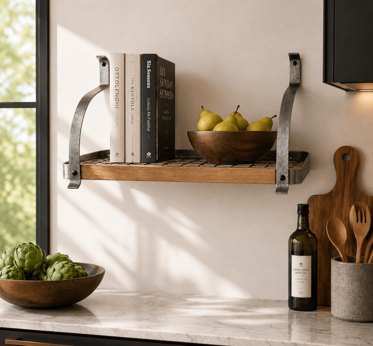 Enclume Wall Decor Bookshelf Wall Rack w/ Alder Shelf in Hammered Steel