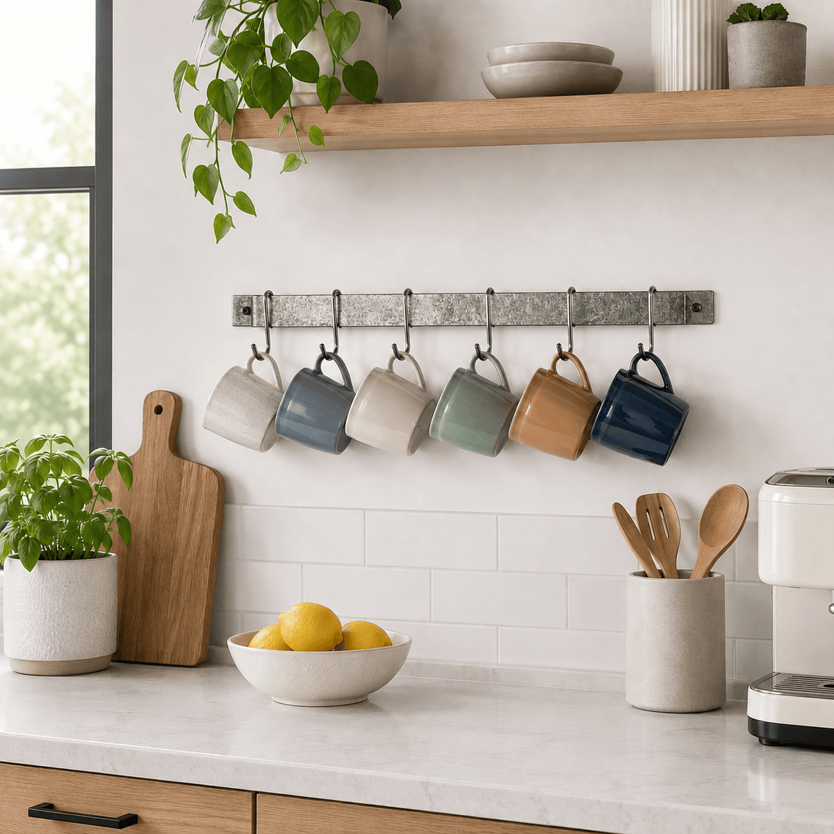 Enclume Wall Hammered Steel / 24" Handcrafted Easy Mount Wall Rack Utensil Bar w 6 Hooks