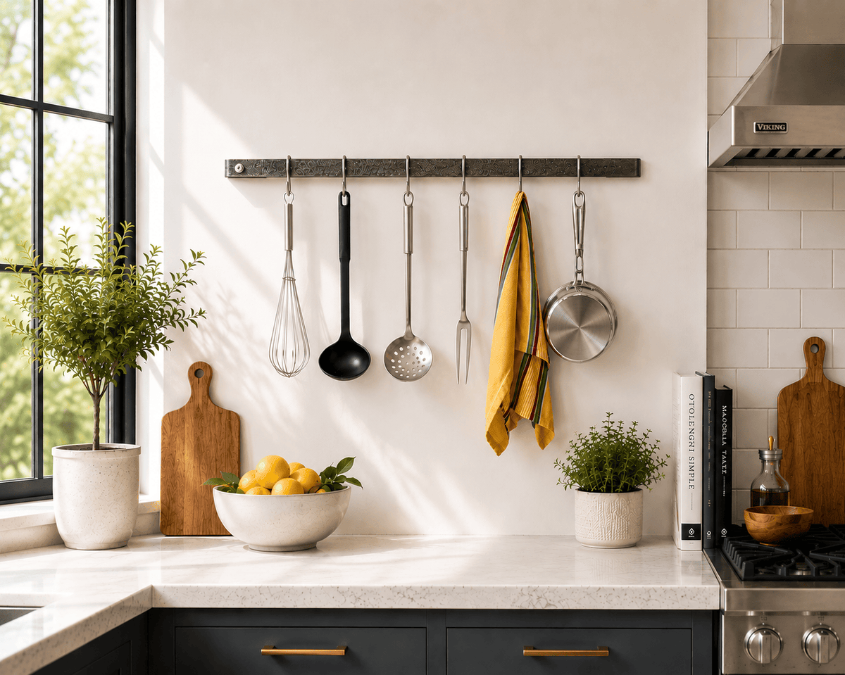 Enclume Wall Hammered Steel / 30" Handcrafted Curved Wall Rack Utensil Bar w 6 Hooks