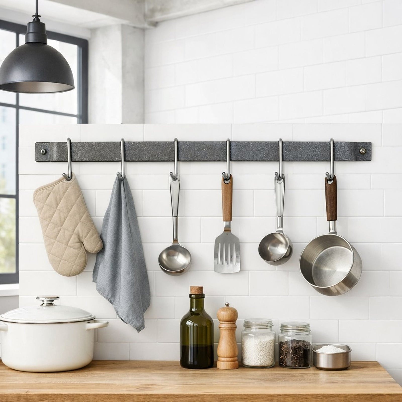 Enclume Wall Hammered Steel / 24" Handcrafted Easy Mount Wall Rack Utensil Bar w 6 Hooks