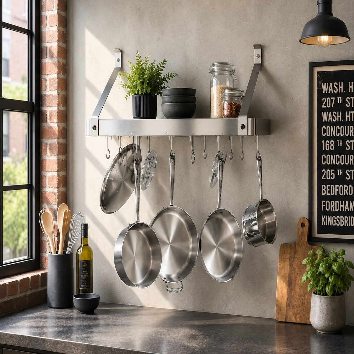 Enclume Wall Hammered Steel / Straight 30" Gourmet Deep Bookshelf Wall Rack w/ 12 Hooks
