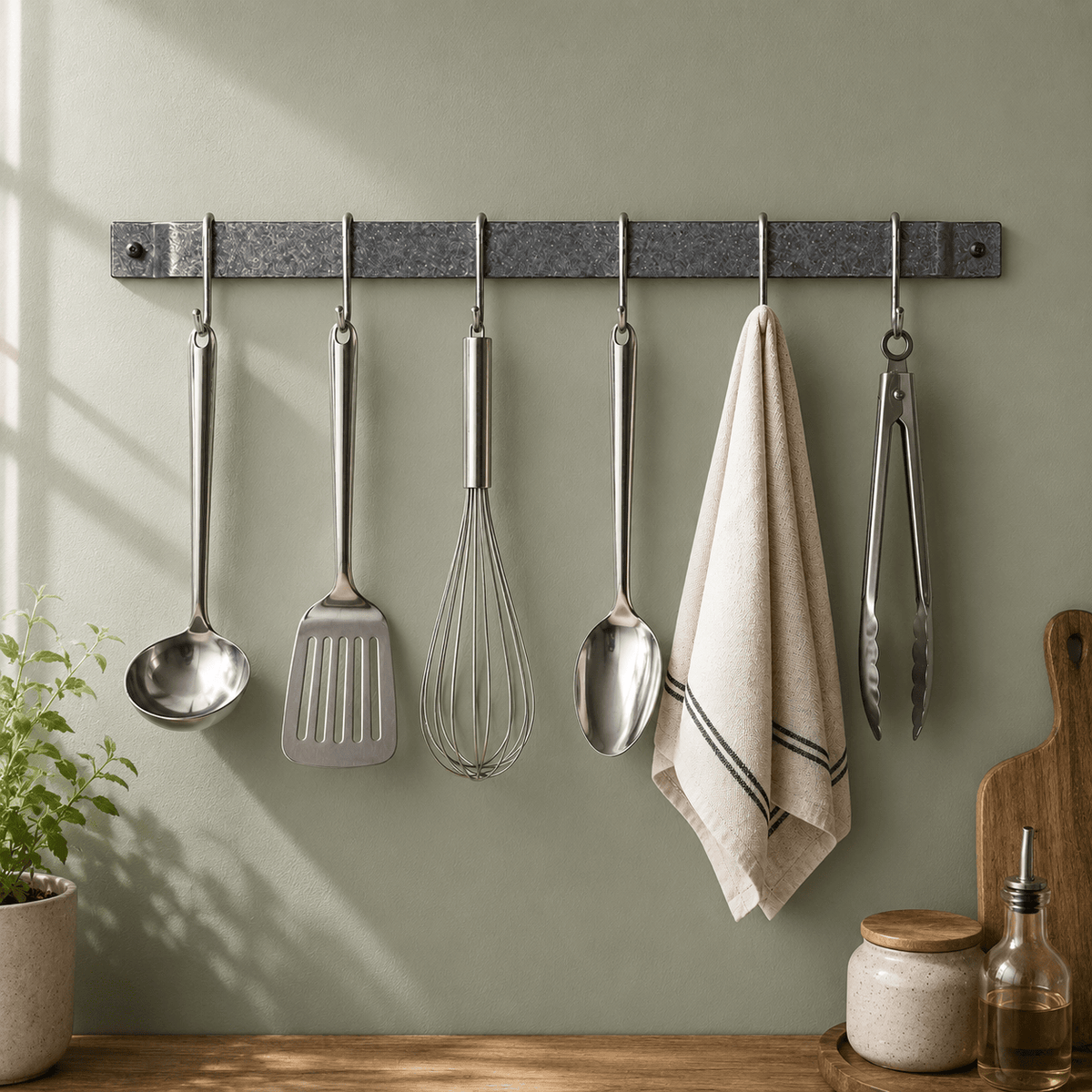 Enclume Wall Handcrafted Easy Mount Wall Rack Utensil Bar w 6 Hooks