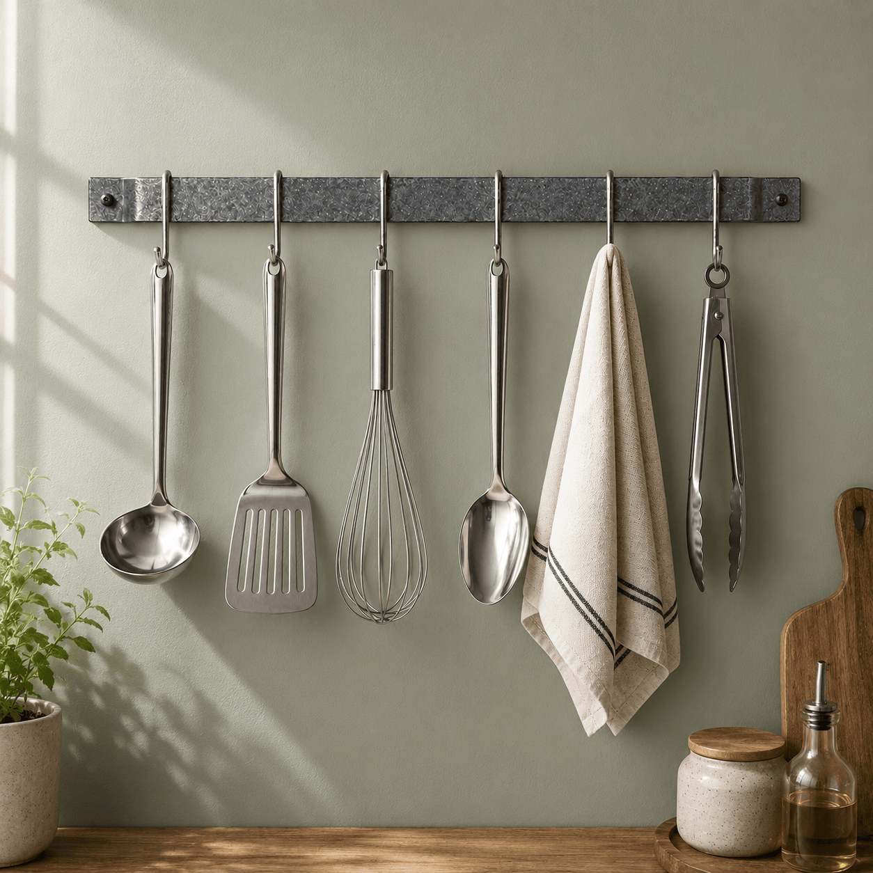 Enclume Wall Handcrafted Easy Mount Wall Rack Utensil Bar w 6 Hooks