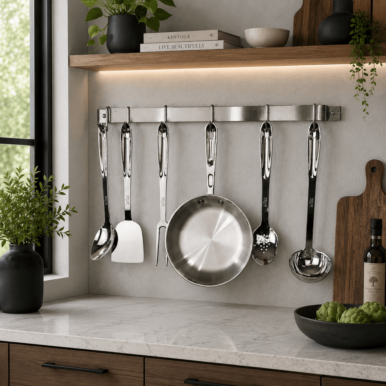Enclume Wall Handcrafted Easy Mount Wall Rack Utensil Bar w 6 Hooks