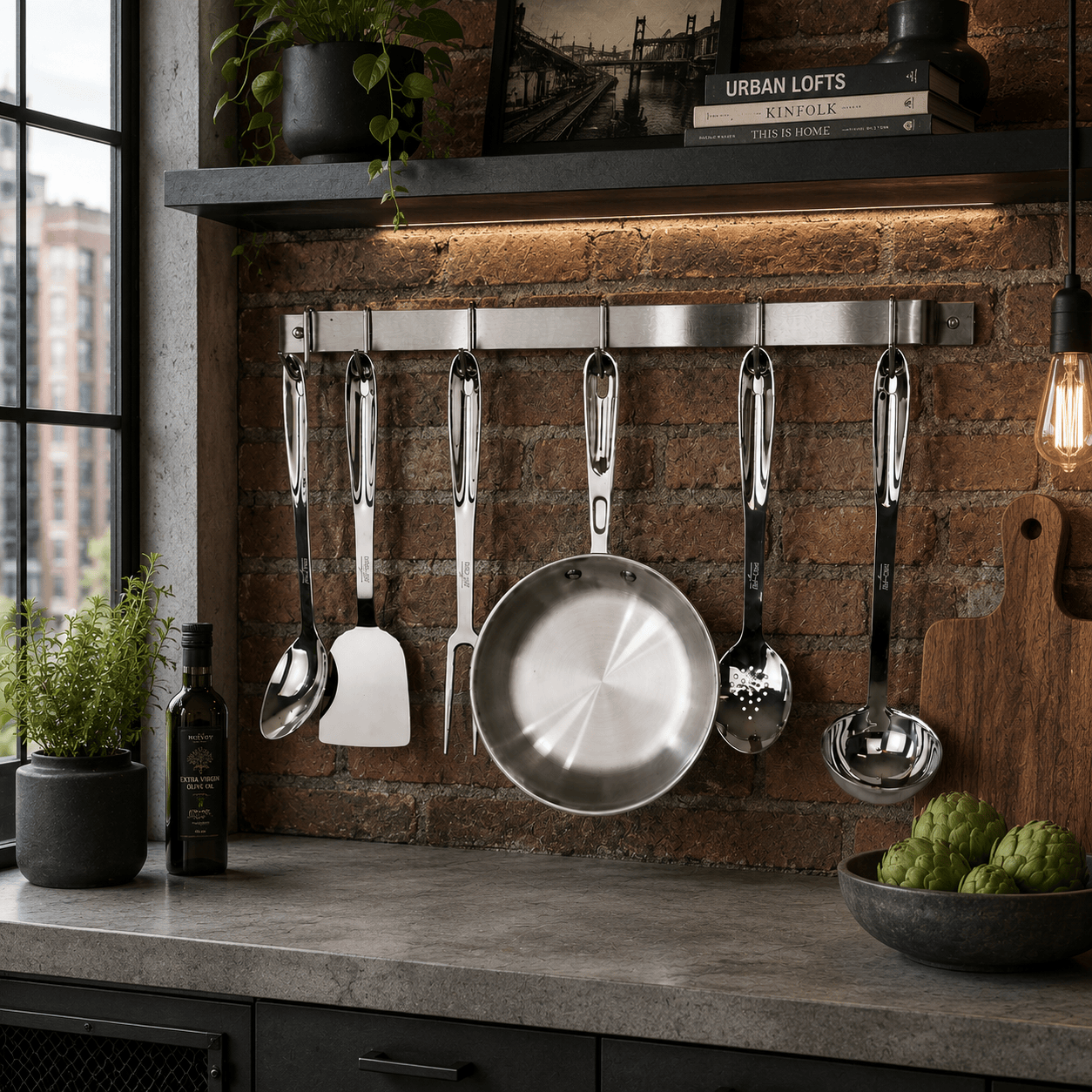 Enclume Wall Stainless Steel / 30" Handcrafted Easy Mount Wall Rack Utensil Bar w 6 Hooks