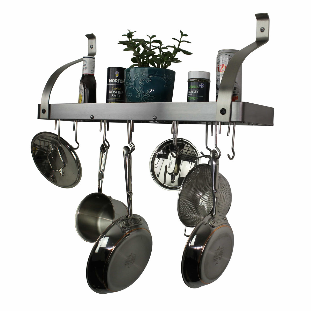 Enclume Wall Stainless Steel / Curved 30" Gourmet Bookshelf Wall Rack w/ 12 Hooks