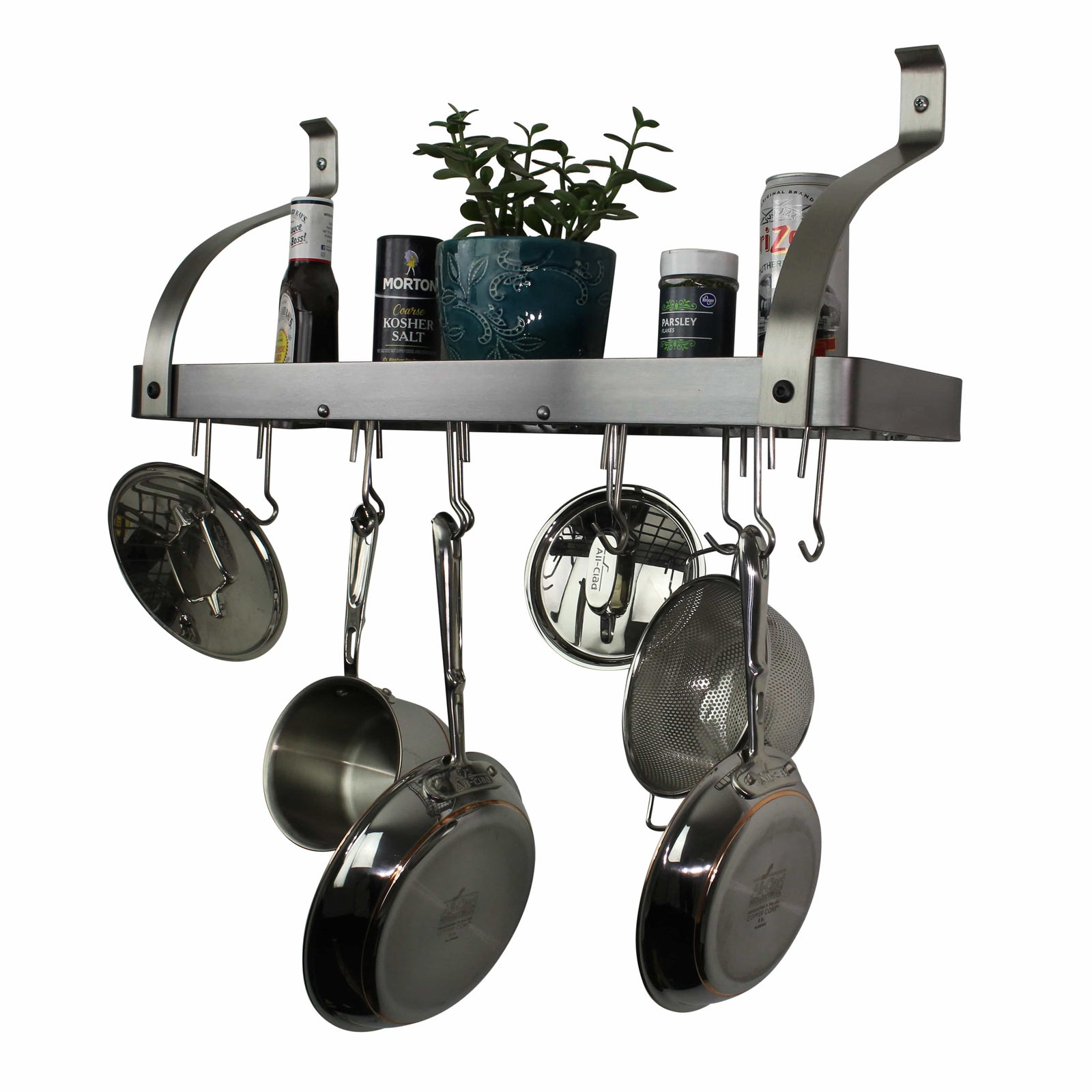 Enclume Wall Stainless Steel / Curved 30" Gourmet Bookshelf Wall Rack w/ 12 Hooks
