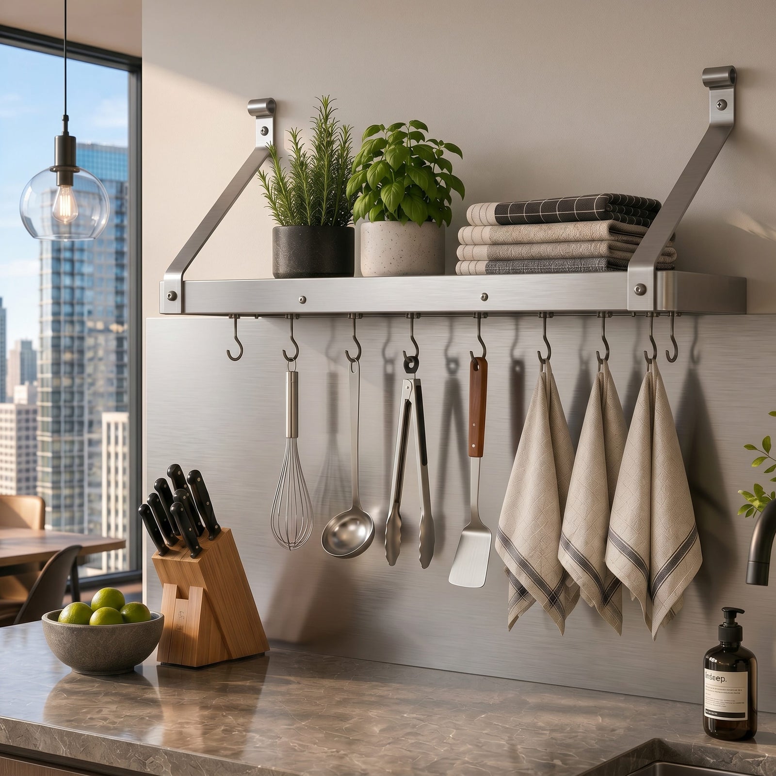 Enclume Wall Stainless Steel / Rolled Eye 36" Gourmet Deep Bookshelf Wall Rack w/ 12 Hooks