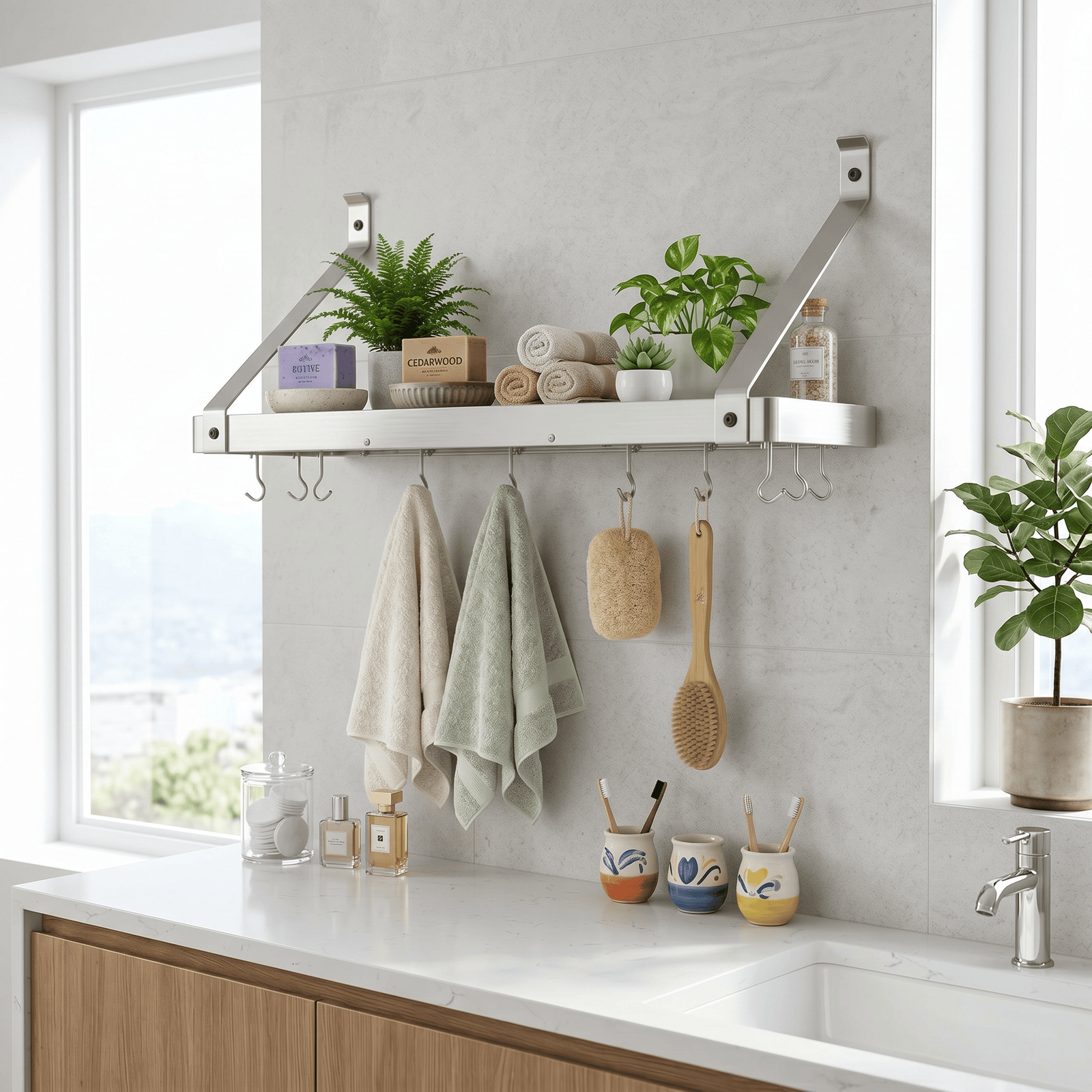 Enclume Wall Stainless Steel / Straight 30" Gourmet Deep Bookshelf Wall Rack w/ 12 Hooks