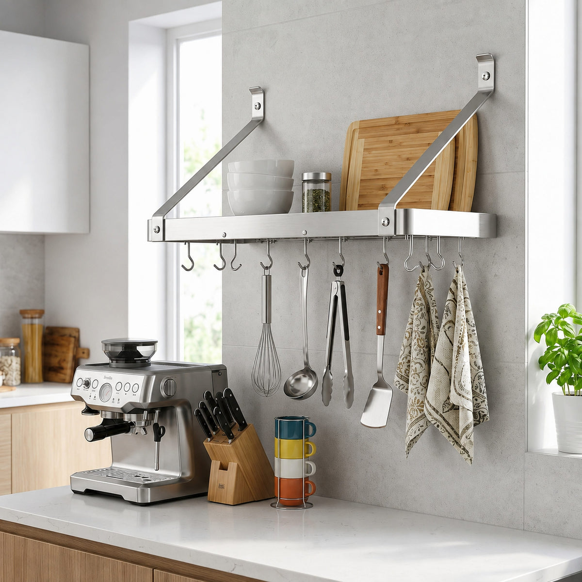 Enclume Wall Stainless Steel / Straight 30" Gourmet Deep Bookshelf Wall Rack w/ 12 Hooks