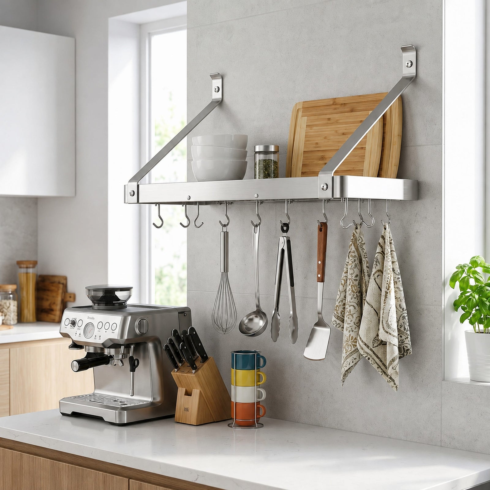 Enclume Wall Stainless Steel / Straight 30" Gourmet Deep Bookshelf Wall Rack w/ 12 Hooks