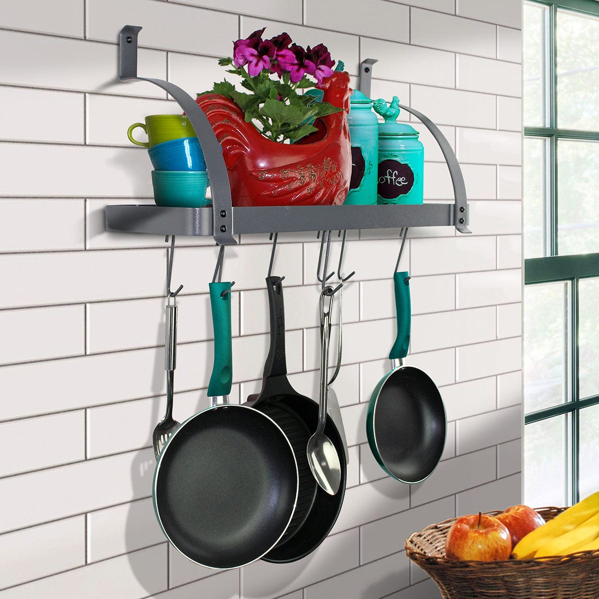 Rack It Up Wall 24" Solid Frame Bookshelf Wall Rack w 8 Hooks Light Gray