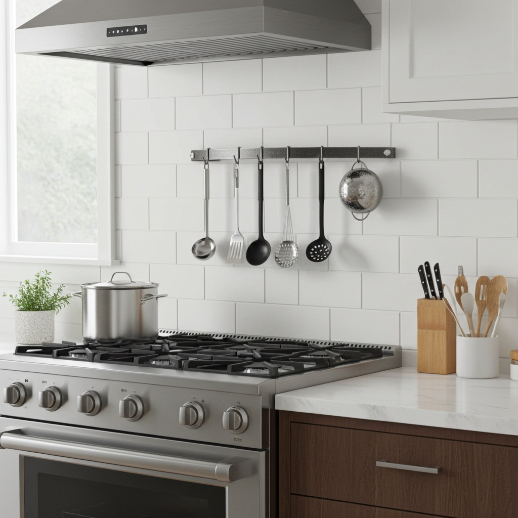 Handcrafted Curved Wall Rack Utensil Bar w 6 Hooks