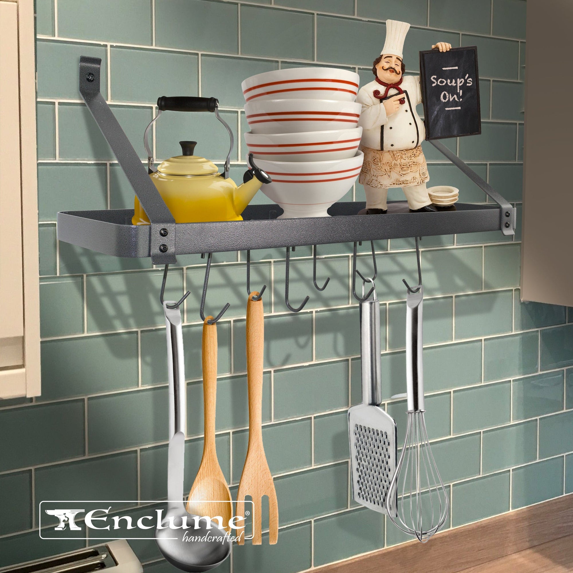 Rack It Up 24" Grey Bookshelf Wall Rack with Curved Arms and 8 Hooks