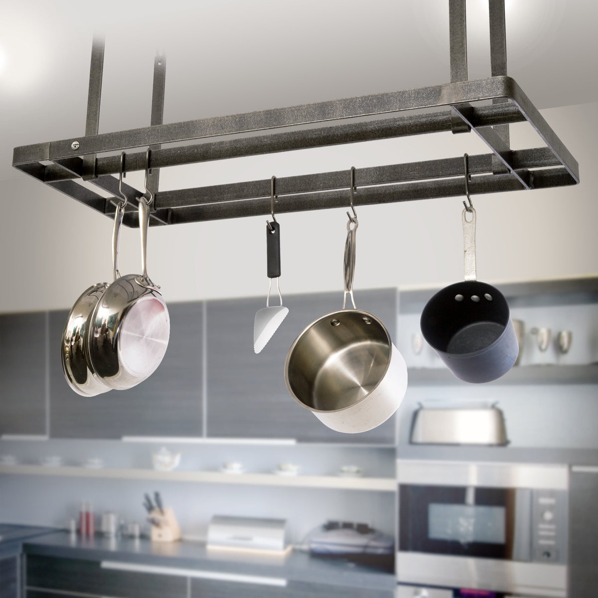 Enclume All Bars Ceiling Pot Rack with 12 Hooks in Hammered Steel