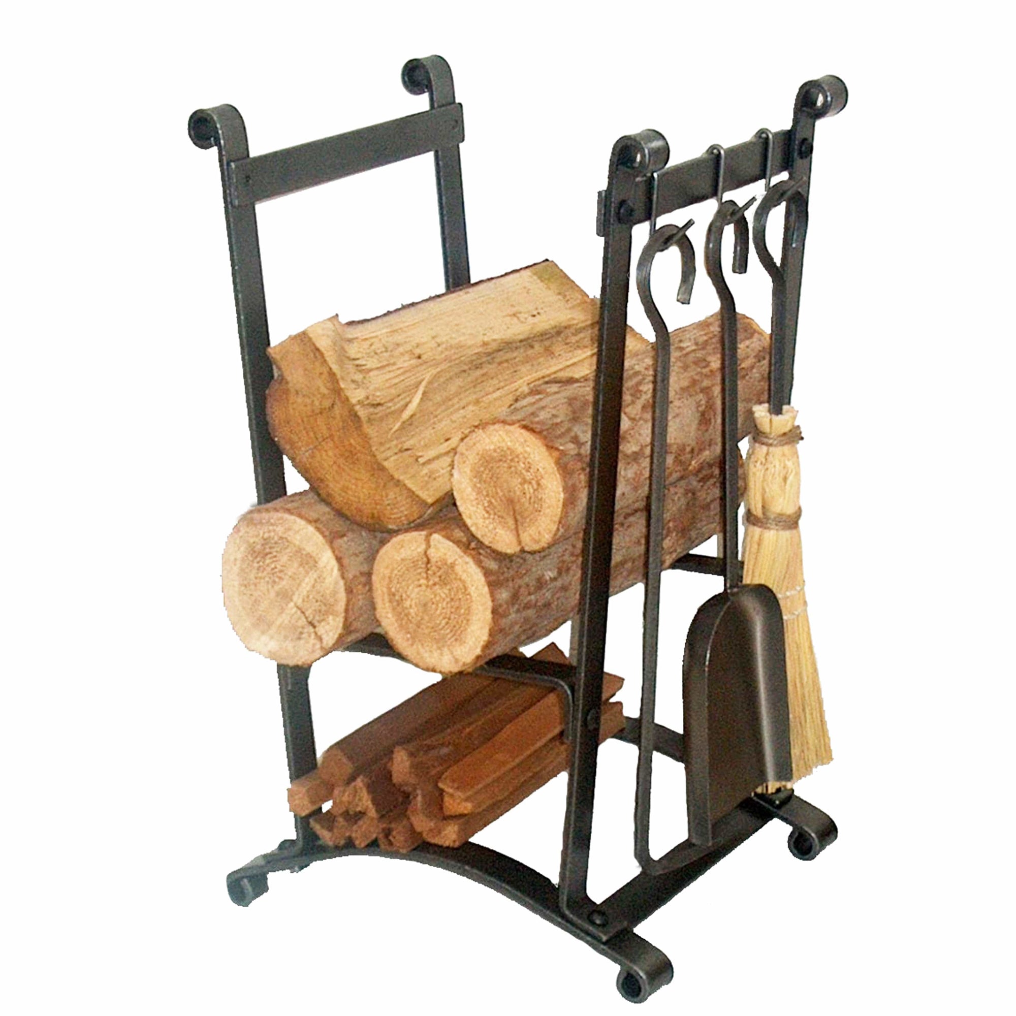 Enclume Compact Curved Fireplace Log Rack with Tools in Hammered Steel