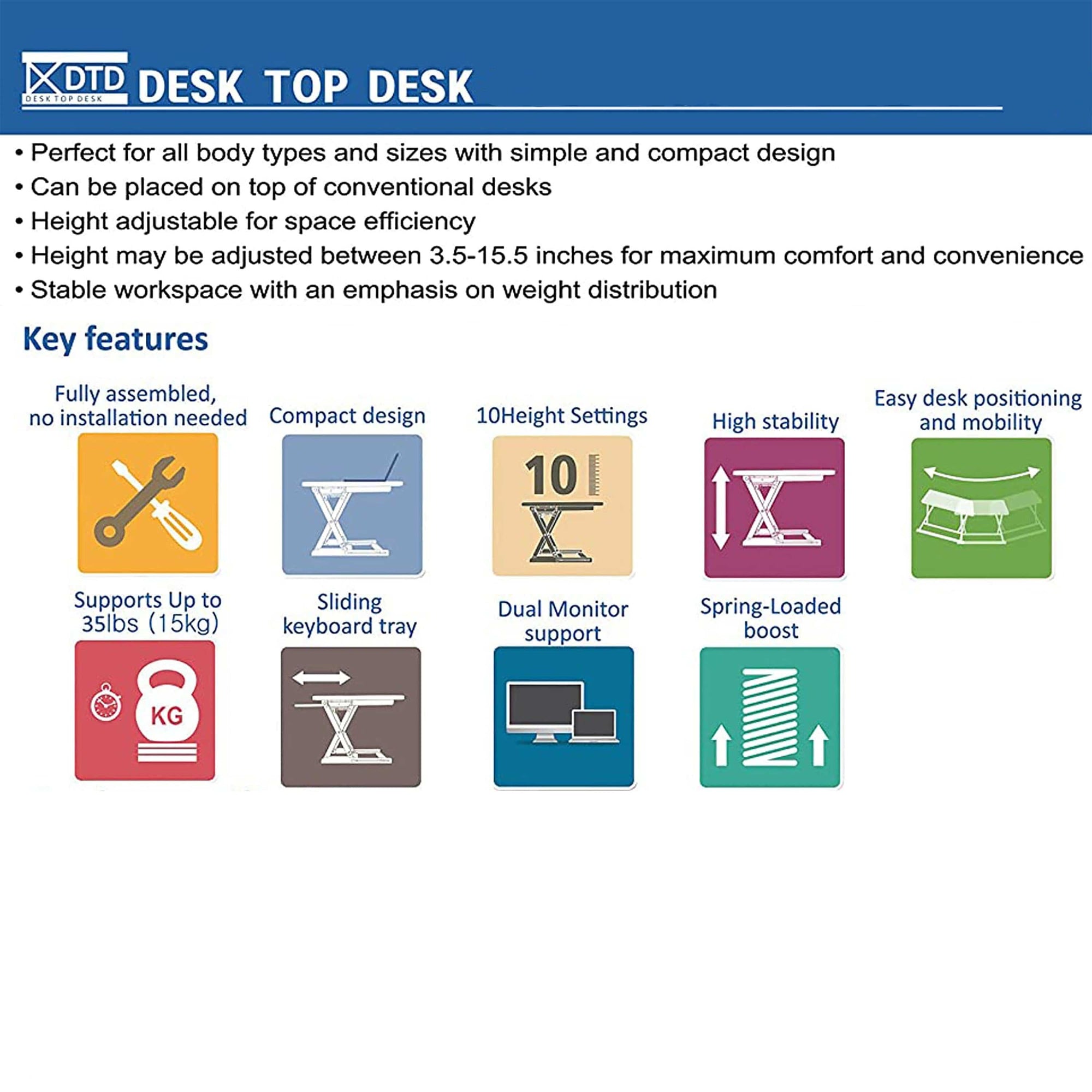 DTD Height Adjustable Standing Desk Converter Large 