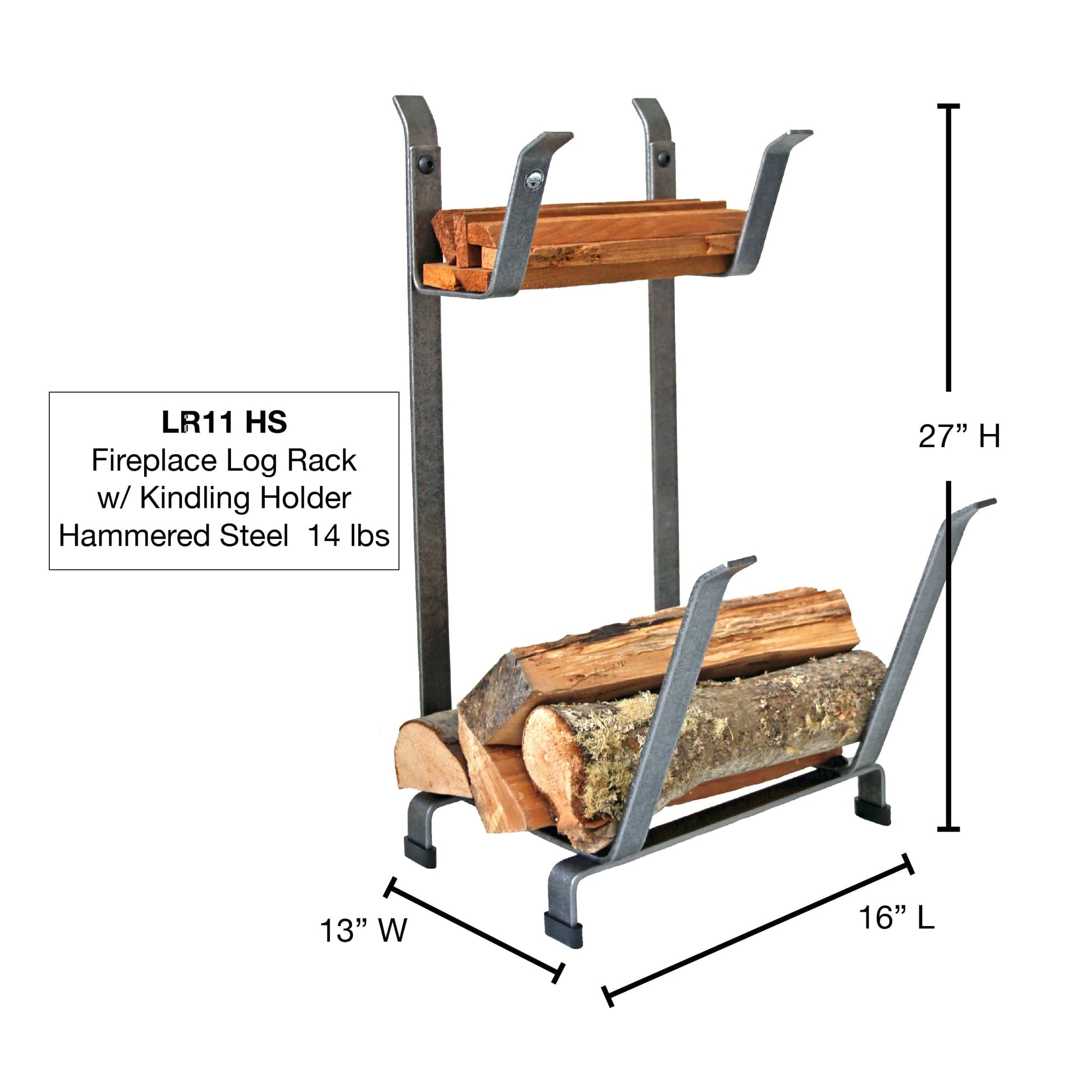 Enclume Fireplace Log Rack with Kindling Holder in Hammered Steel