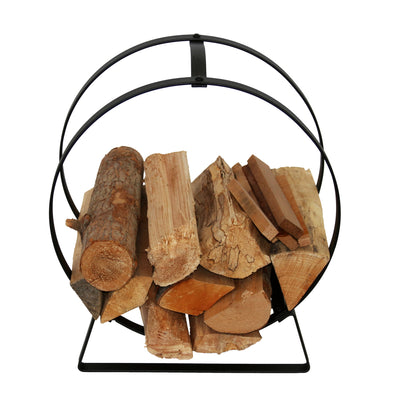 Handcrafted Indoor & Outdoor Hoop Fireplace Log Rack w Handle - Black