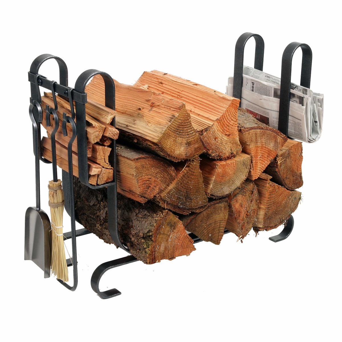 Enclume Large Modern Fireplace Log Rack with Tools in Hammered Steel