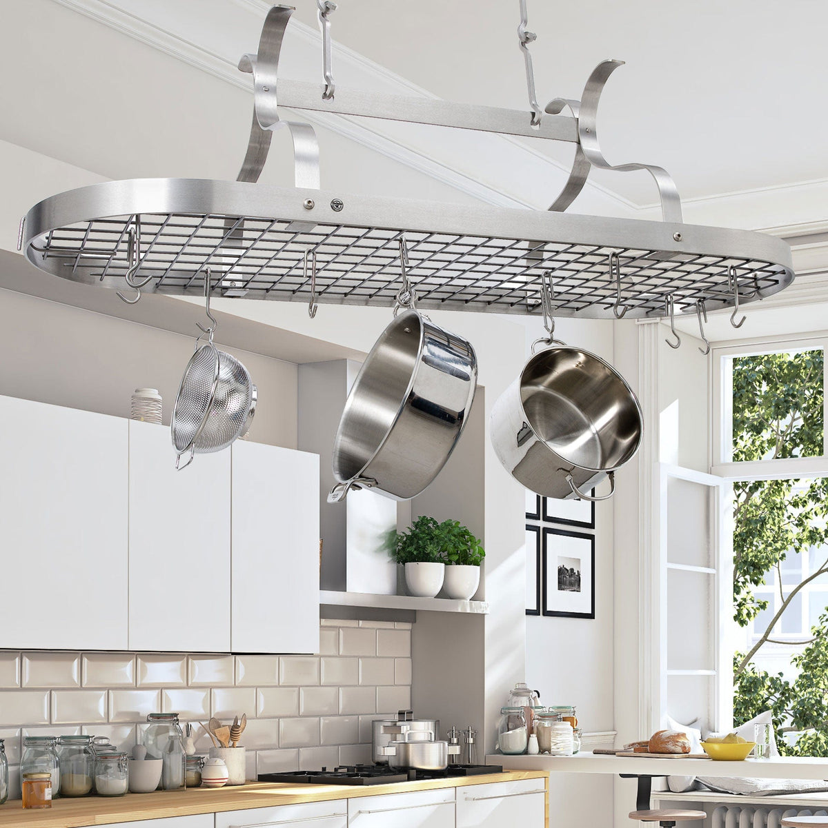 Enclume Scroll Arm Oval Ceiling Pot Rack with 24 Hooks