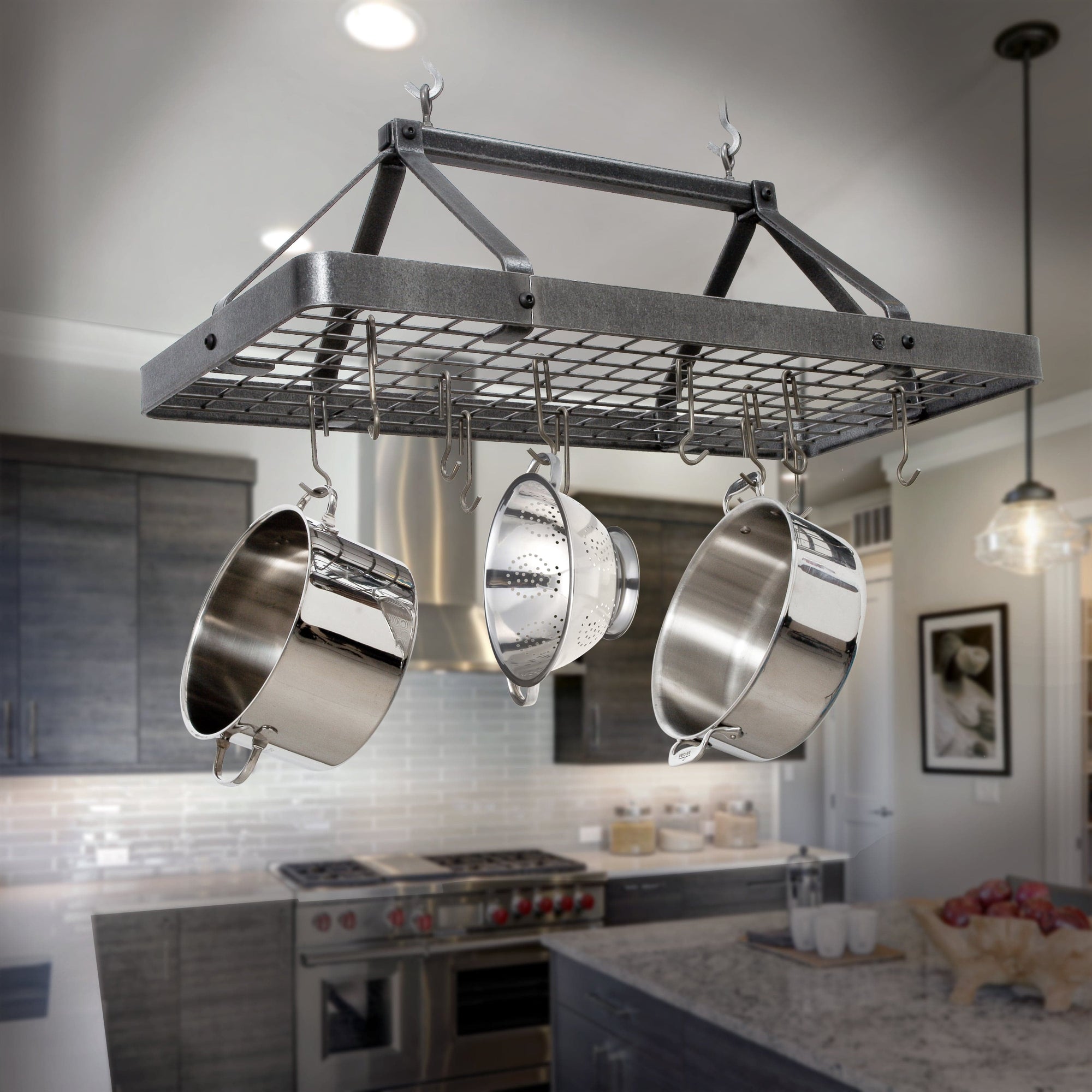 Enclume Carnival Rectangle Ceiling Pot Rack in Hammered Steel Enclume  Design Products