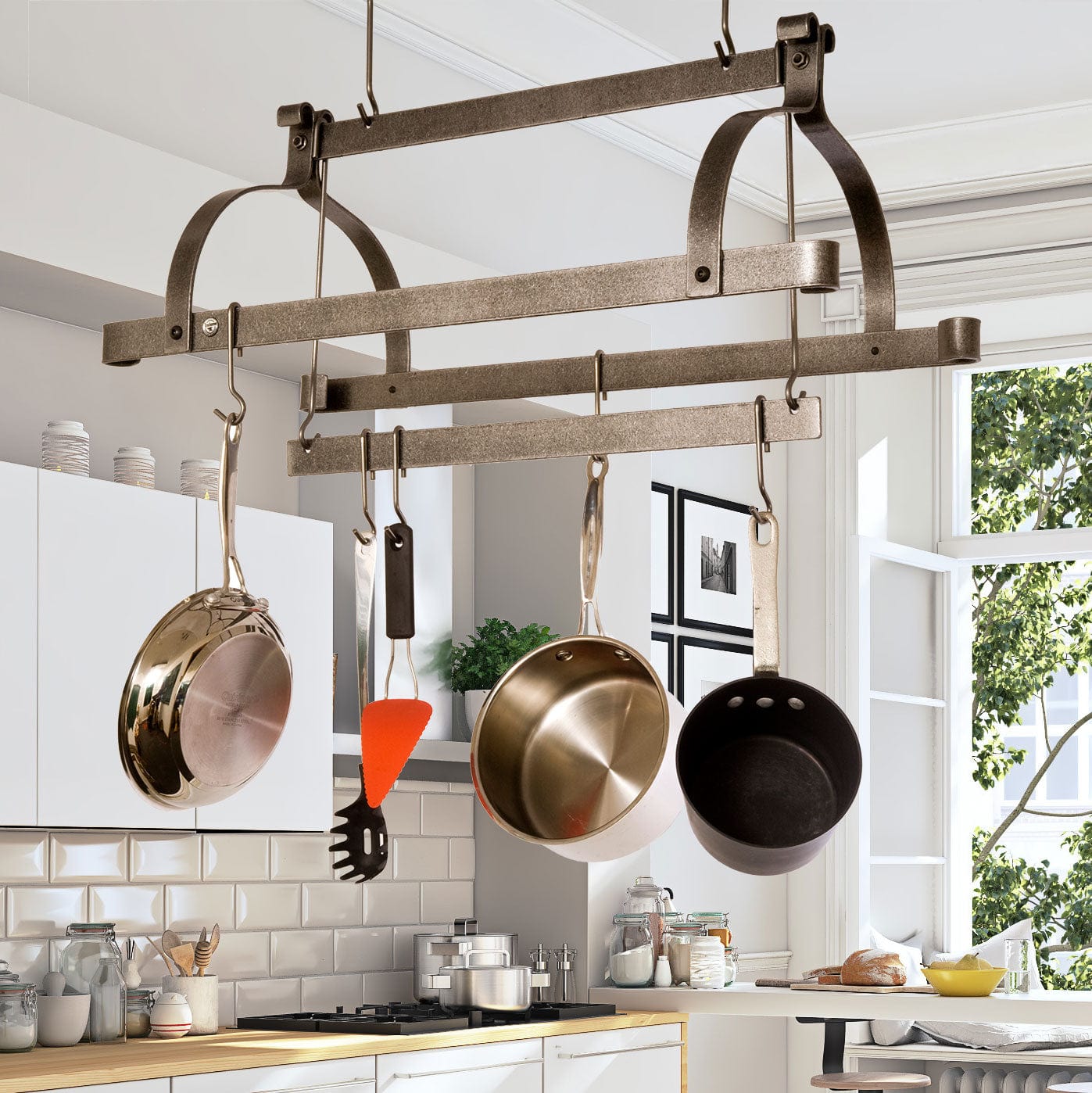 Enclume - Three Bar Ceiling Pot Rack in Hammered Steel - Enclume Design  Products