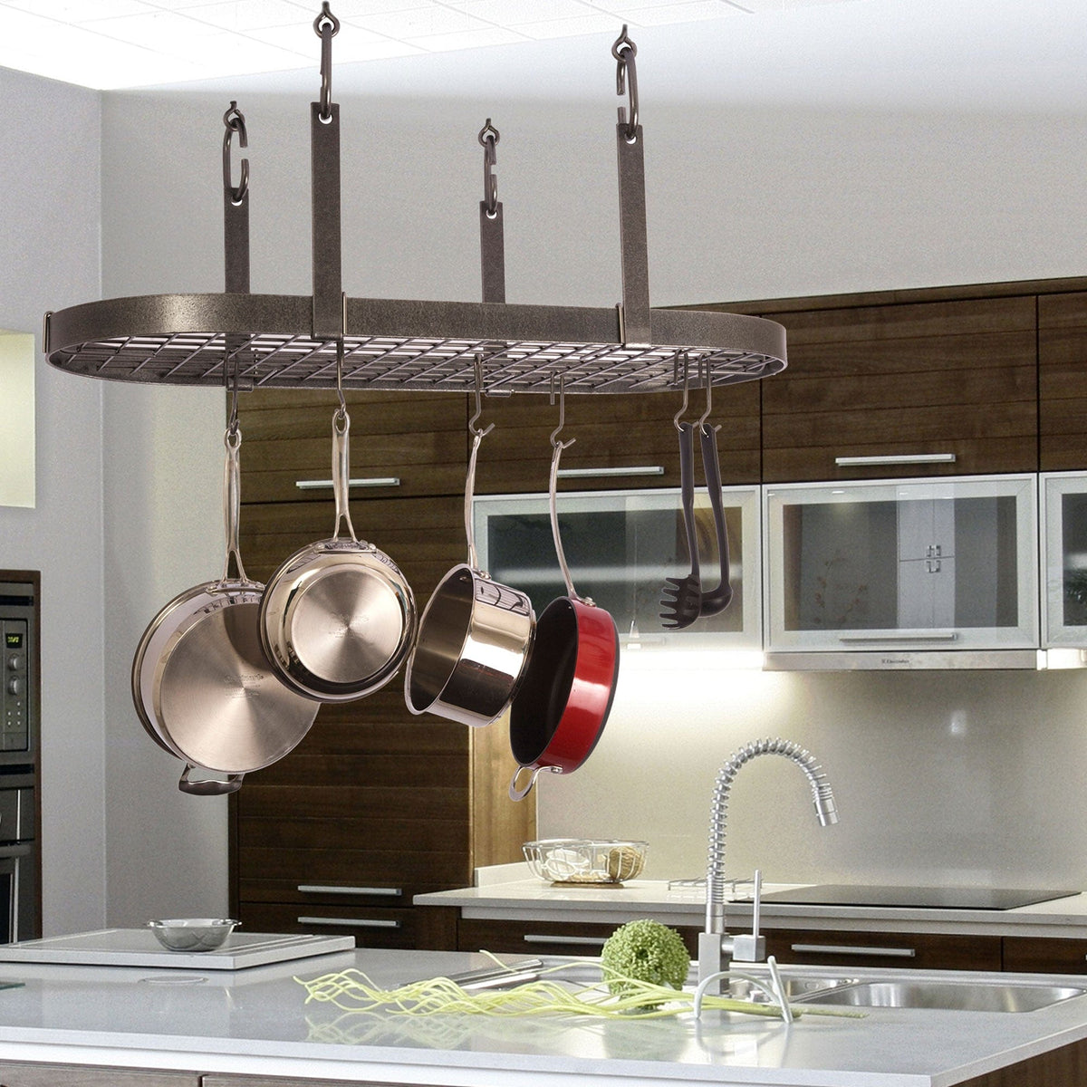 Enclume Ceiling Hammered Steel Four Point Oval Ceiling Pot Rack w/ 18 Hooks