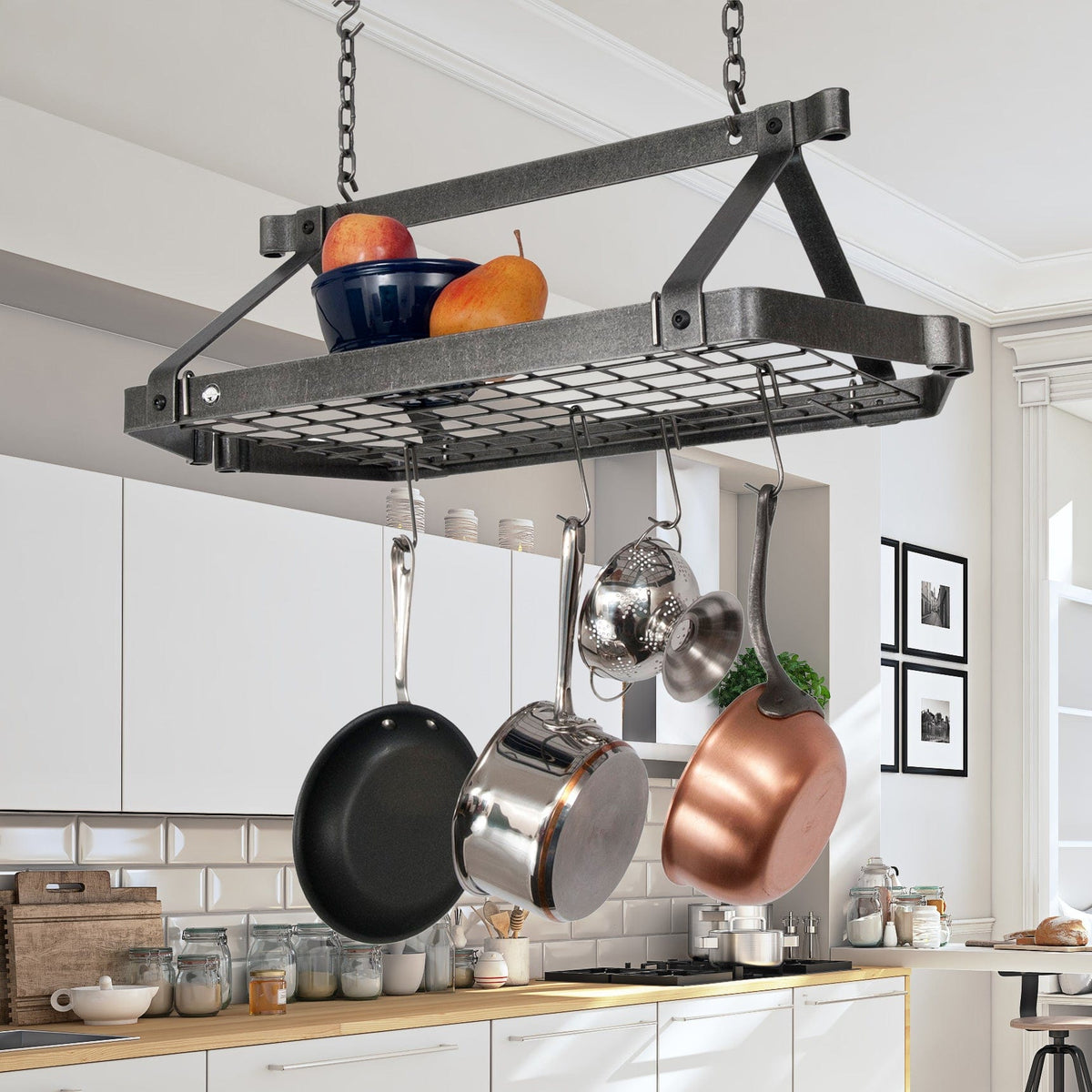 Enclume Ceiling Hammered Steel Retro Rectangle Ceiling Pot Rack w/ 12 Hooks, 2 S Hooks &amp; 6" Chain