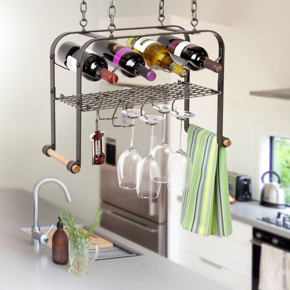 Enclume Ceiling Hanging Wine & Accessories Rack (4 bottles)