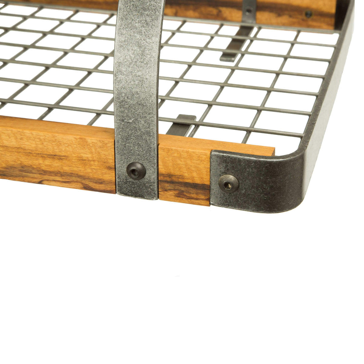 Enclume Ceiling Signature 30" Rectangle Ceiling Pot Rack Hammered Steel with Tigerwood, Maple or Walnut