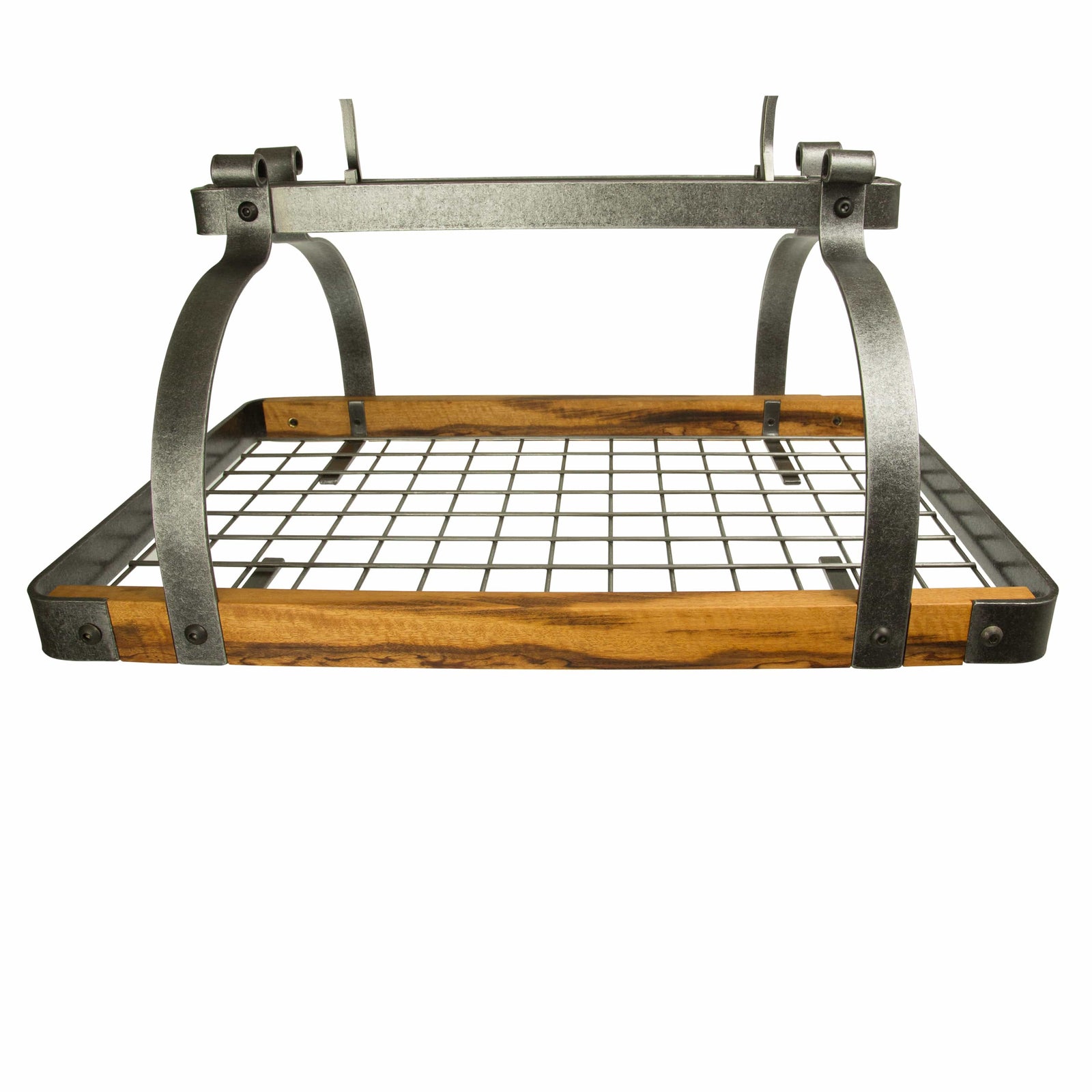 Enclume Ceiling Signature 30" Rectangle Ceiling Pot Rack Hammered Steel with Tigerwood, Maple or Walnut