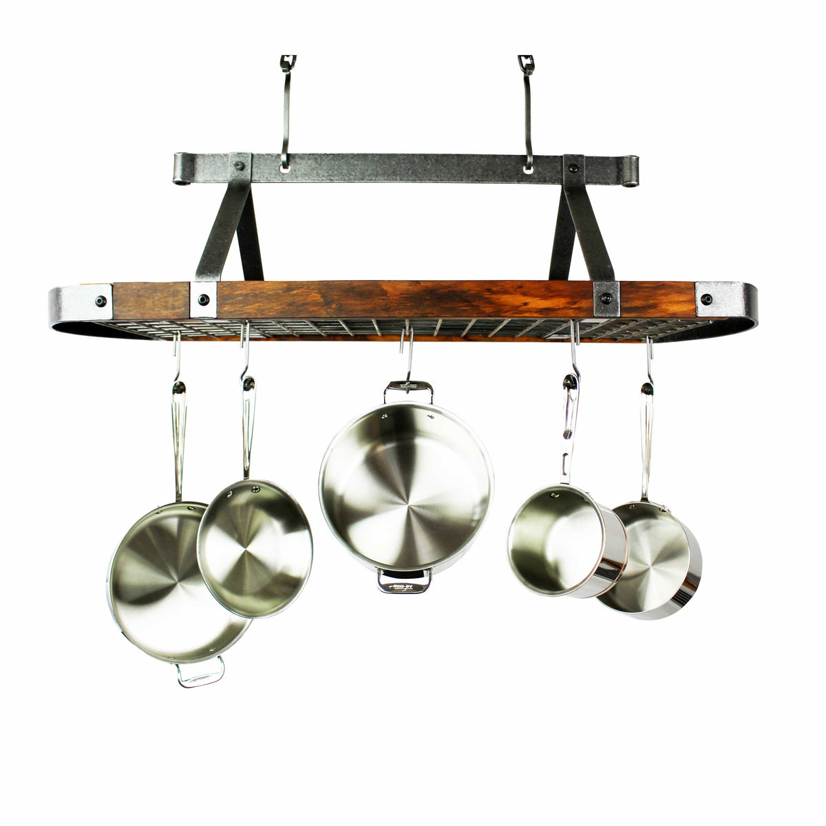 Enclume Ceiling Signature 45" Oval Ceiling Pot Rack Hammered Steel with Tigerwood or Walnut
