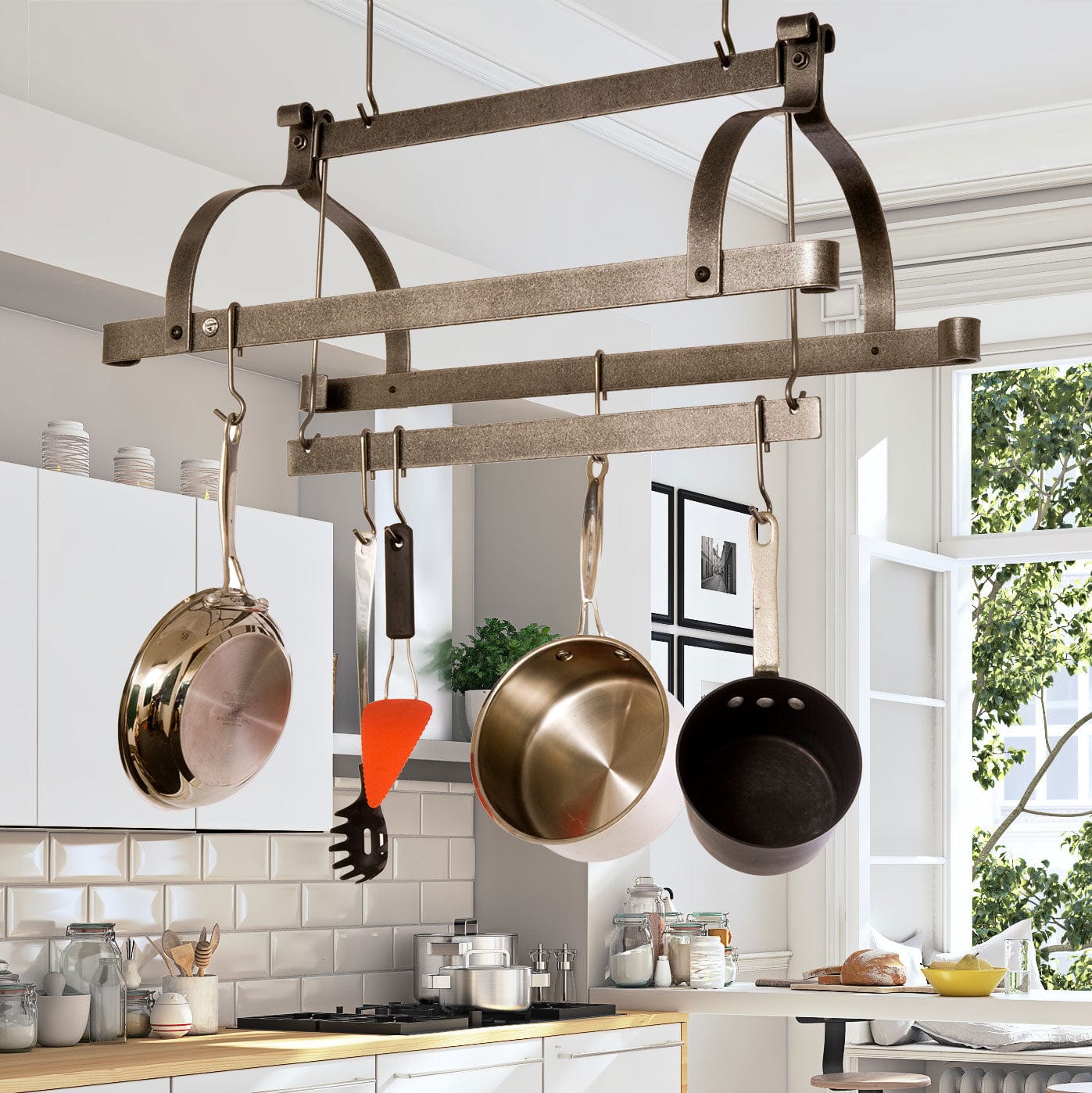 Enclume Ceiling Three Bar Ceiling Pot Rack in Hammered Steel