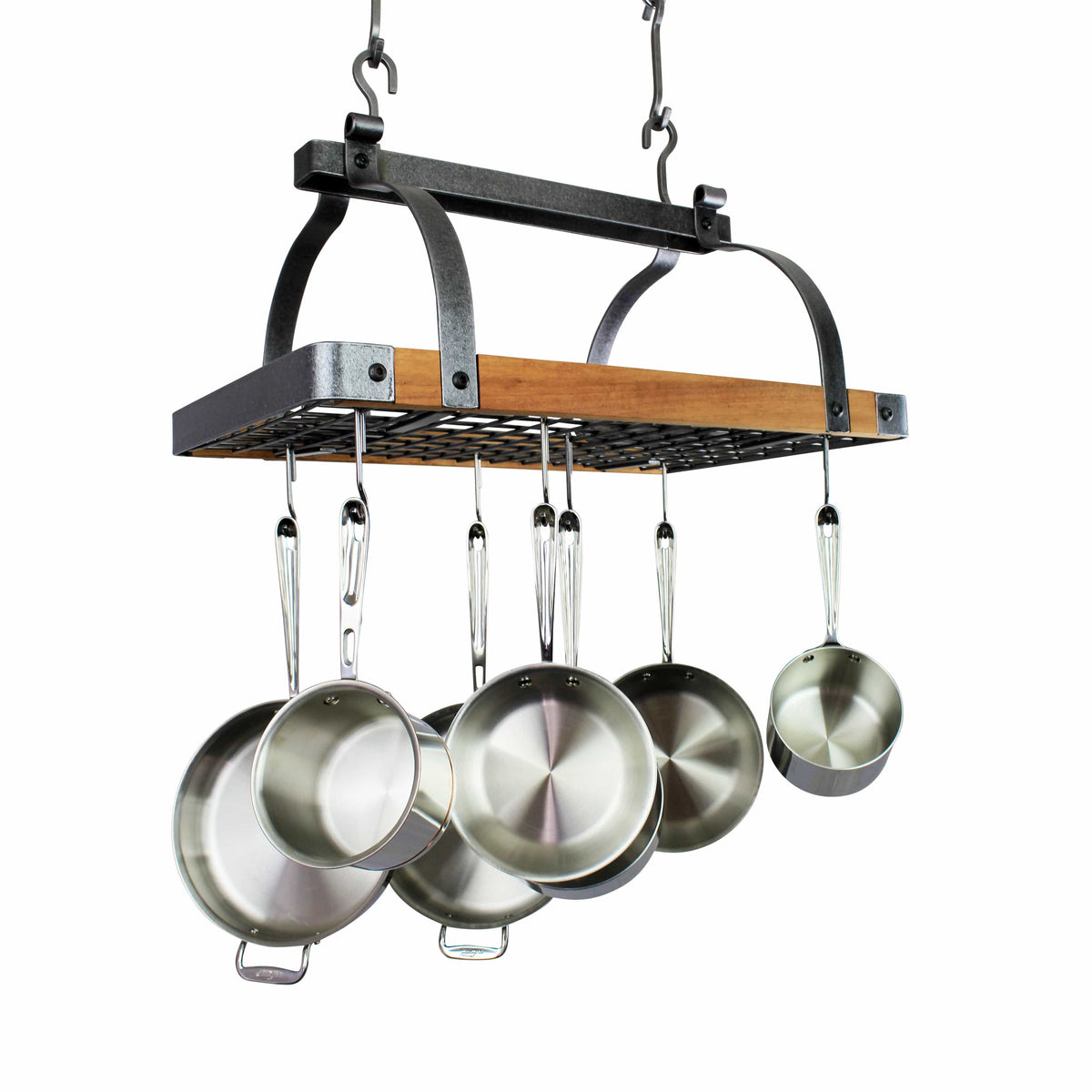 Enclume Ceiling Tigerwood Signature 30" Rectangle Ceiling Pot Rack Hammered Steel with Tigerwood, Maple or Walnut