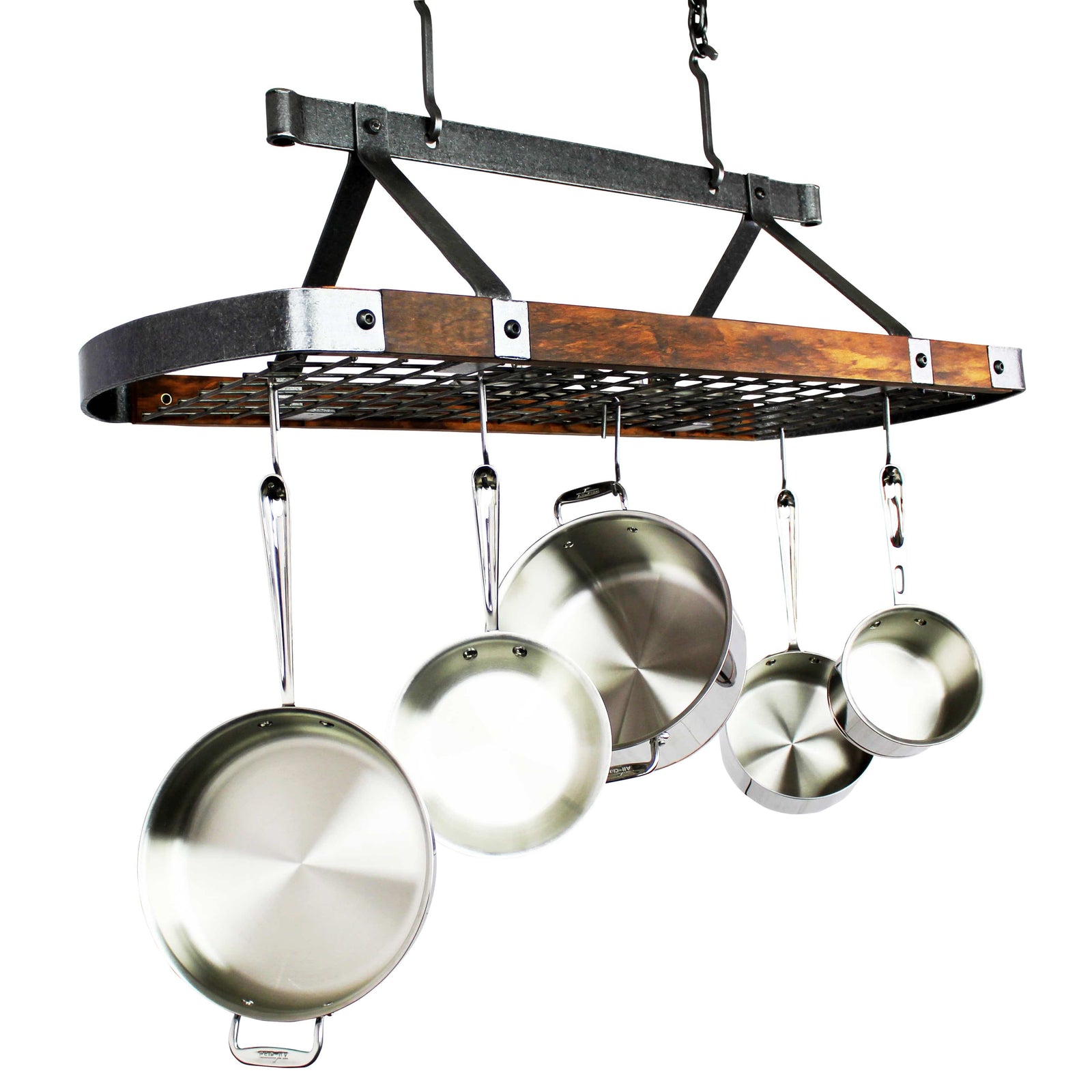 Enclume Ceiling Tigerwood Signature 45" Oval Ceiling Pot Rack Hammered Steel with Tigerwood or Walnut