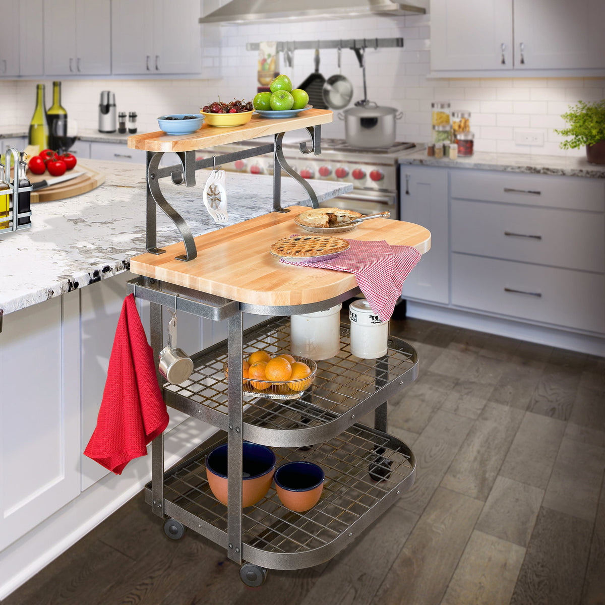 Enclume Floor Baker's Cart with Solid Maple Butcher Block in Hammered Steel