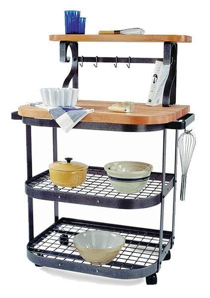 Enclume Floor Baker's Cart with Solid Maple Butcher Block in Hammered Steel