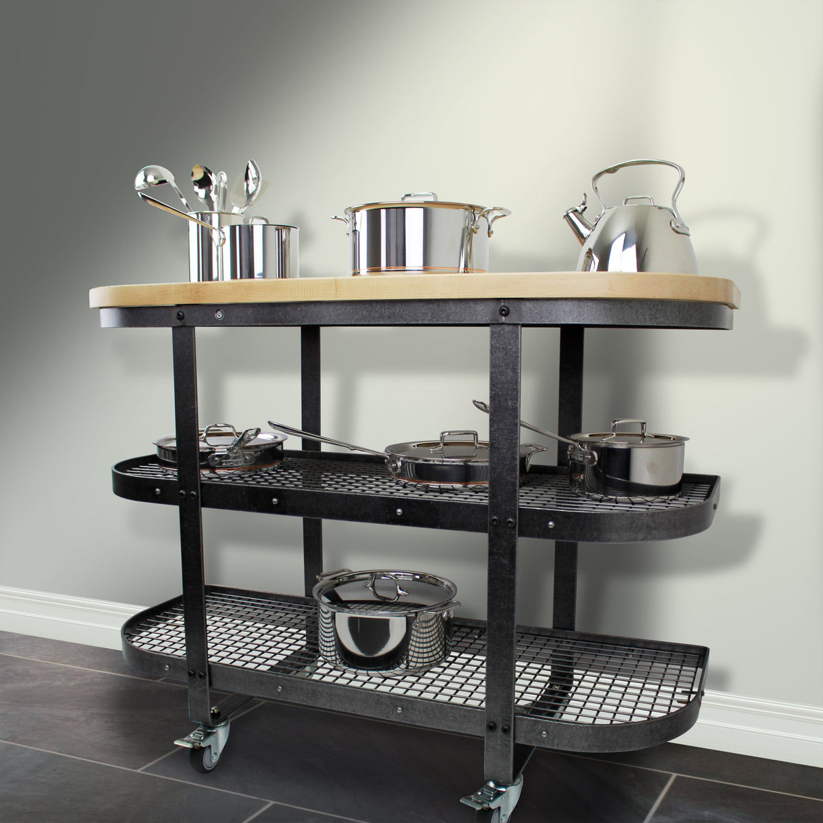 Enclume Floor Baker's SideShelf Base Hammered Steel w/Eastern Maple Butcher Block