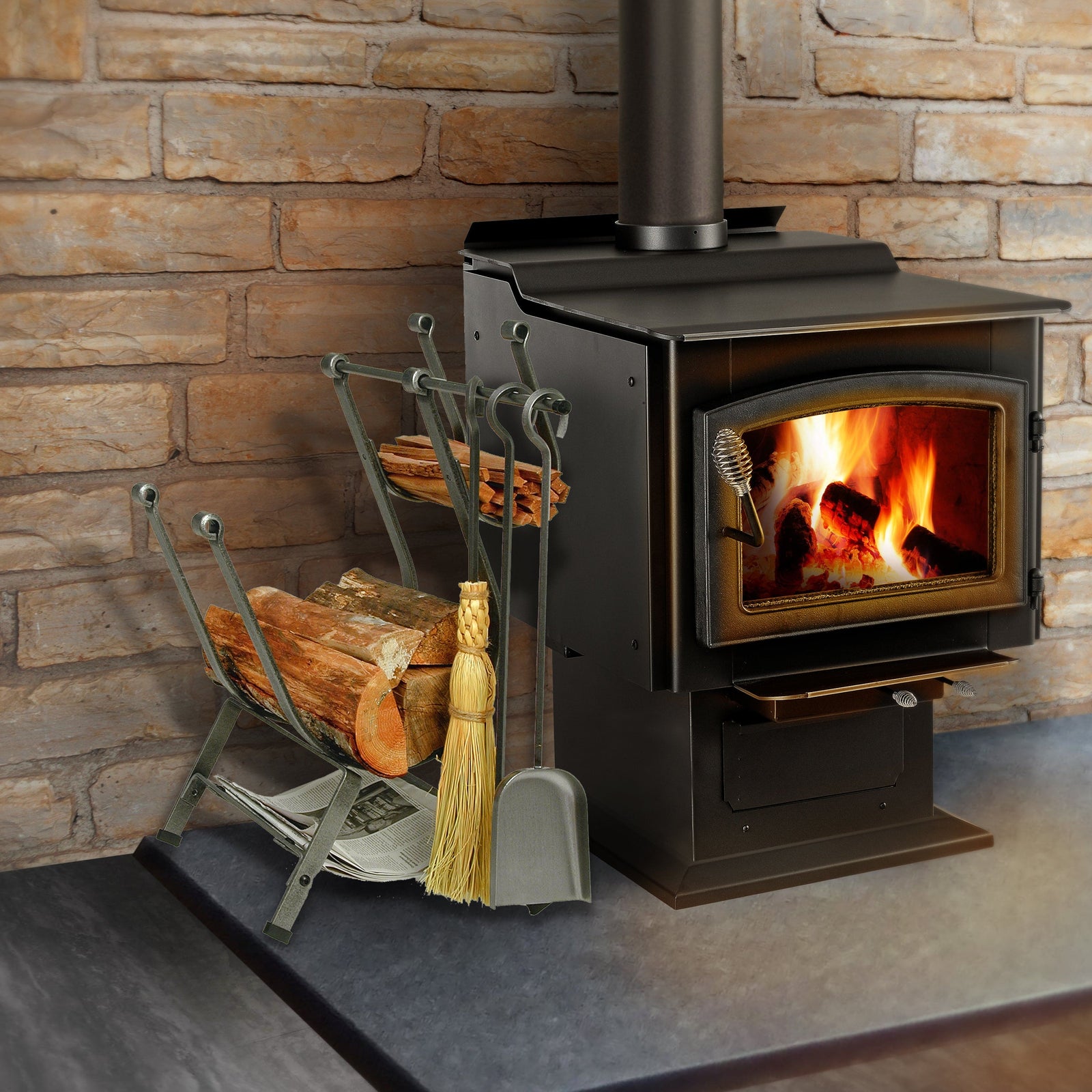 Enclume Floor Front Loading Fireplace Log Rack w/ Tools Hammered Steel