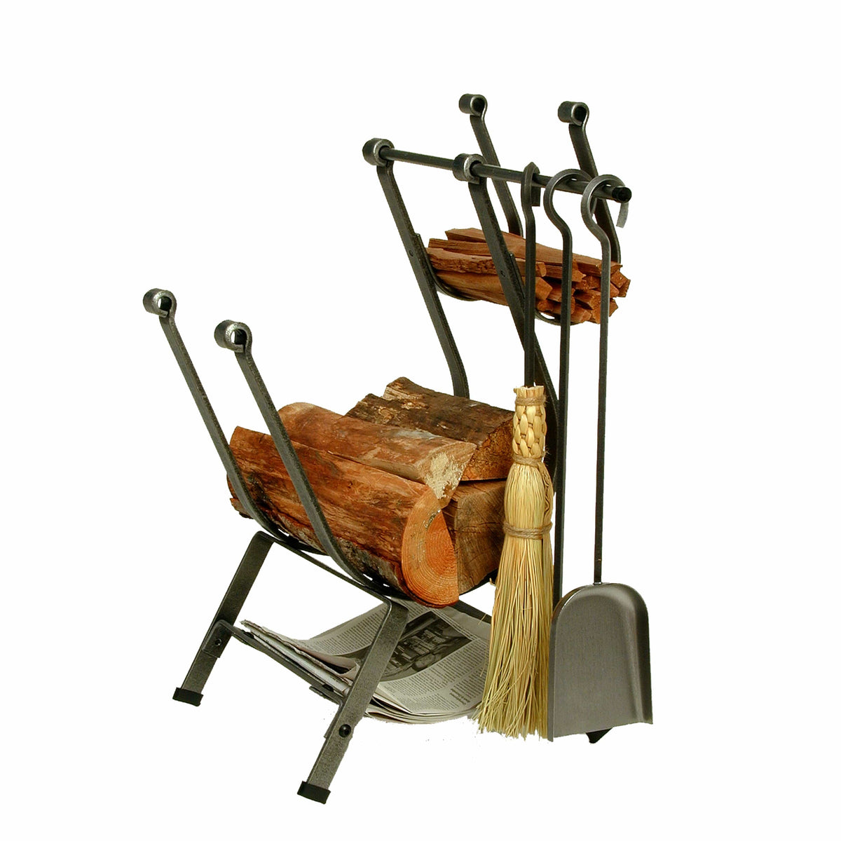 Enclume Floor Front Loading Fireplace Log Rack w/ Tools Hammered Steel