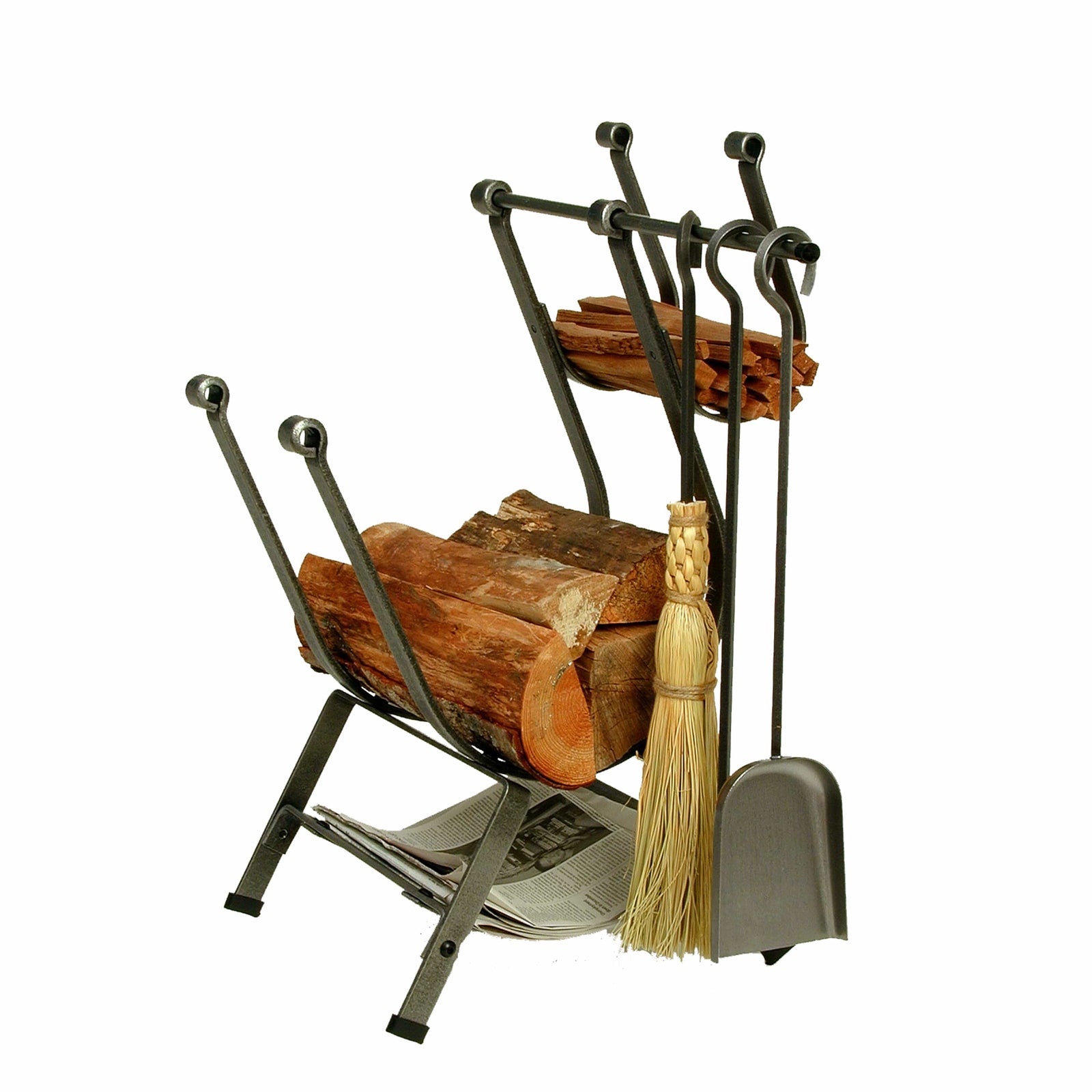 Enclume Floor Front Loading Fireplace Log Rack w/ Tools Hammered Steel