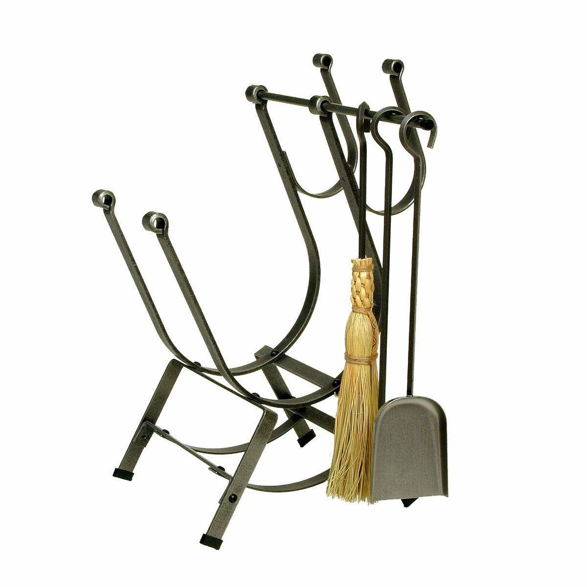 Enclume Floor Front Loading Fireplace Log Rack w/ Tools Hammered Steel