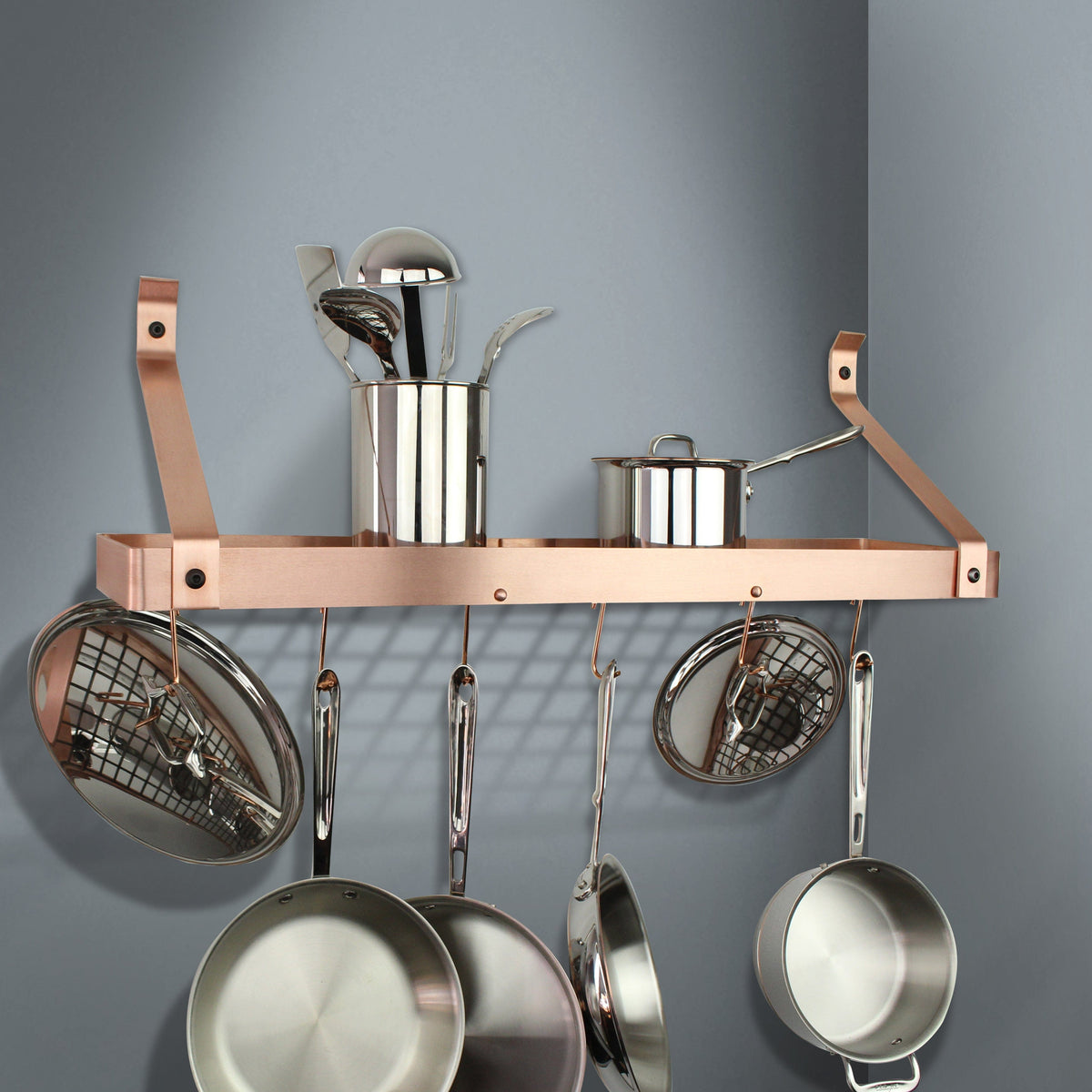 Enclume Wall Brushed Copper / Straight 30" Gourmet Bookshelf Wall Rack w/ 12 Hooks