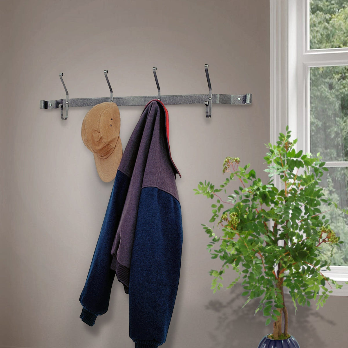 Enclume Wall Coat Rack w/ 4 Double Hooks Hammered Steel