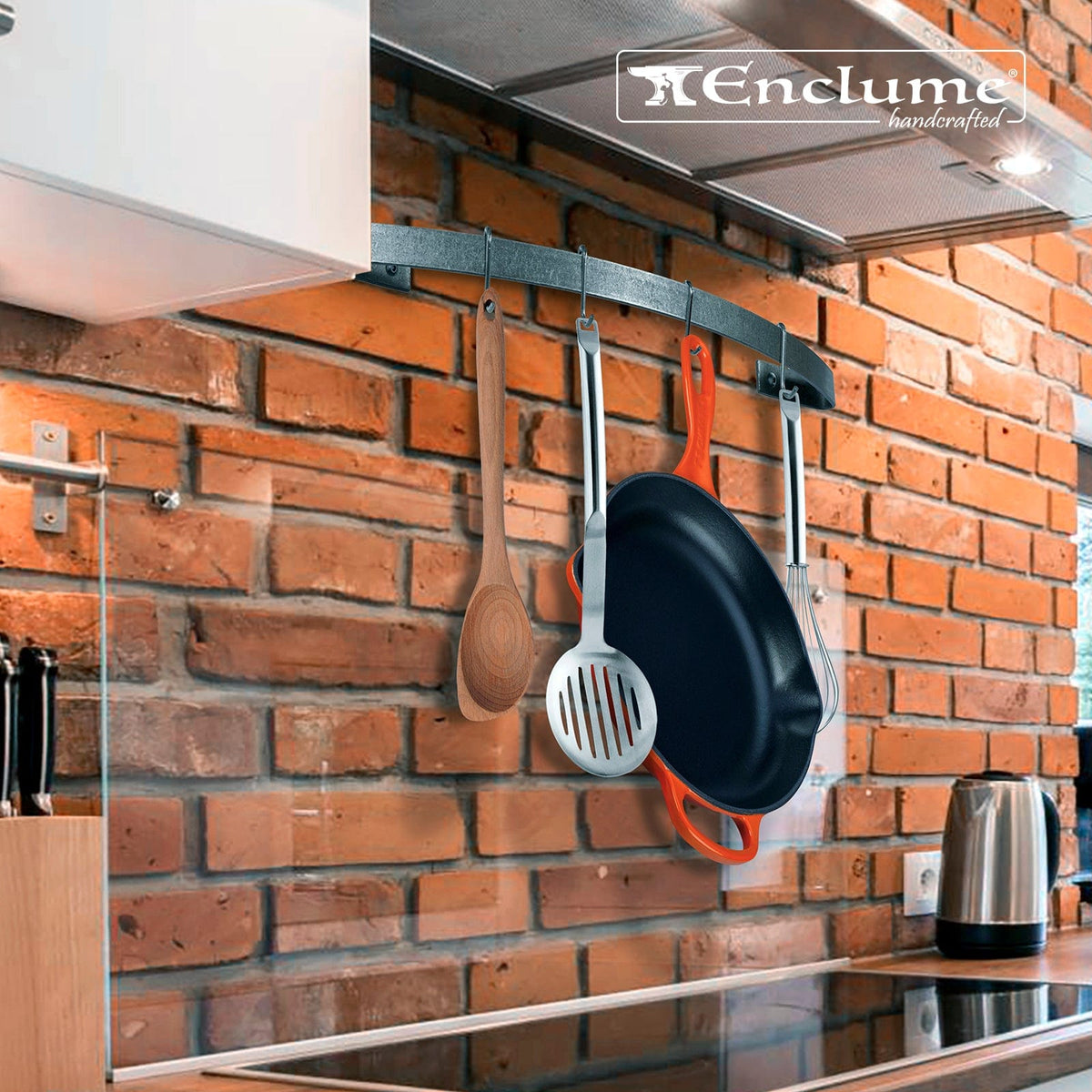 Enclume Wall Hammered Steel / 24" Handcrafted Curved Wall Rack Utensil Bar w 6 Hooks