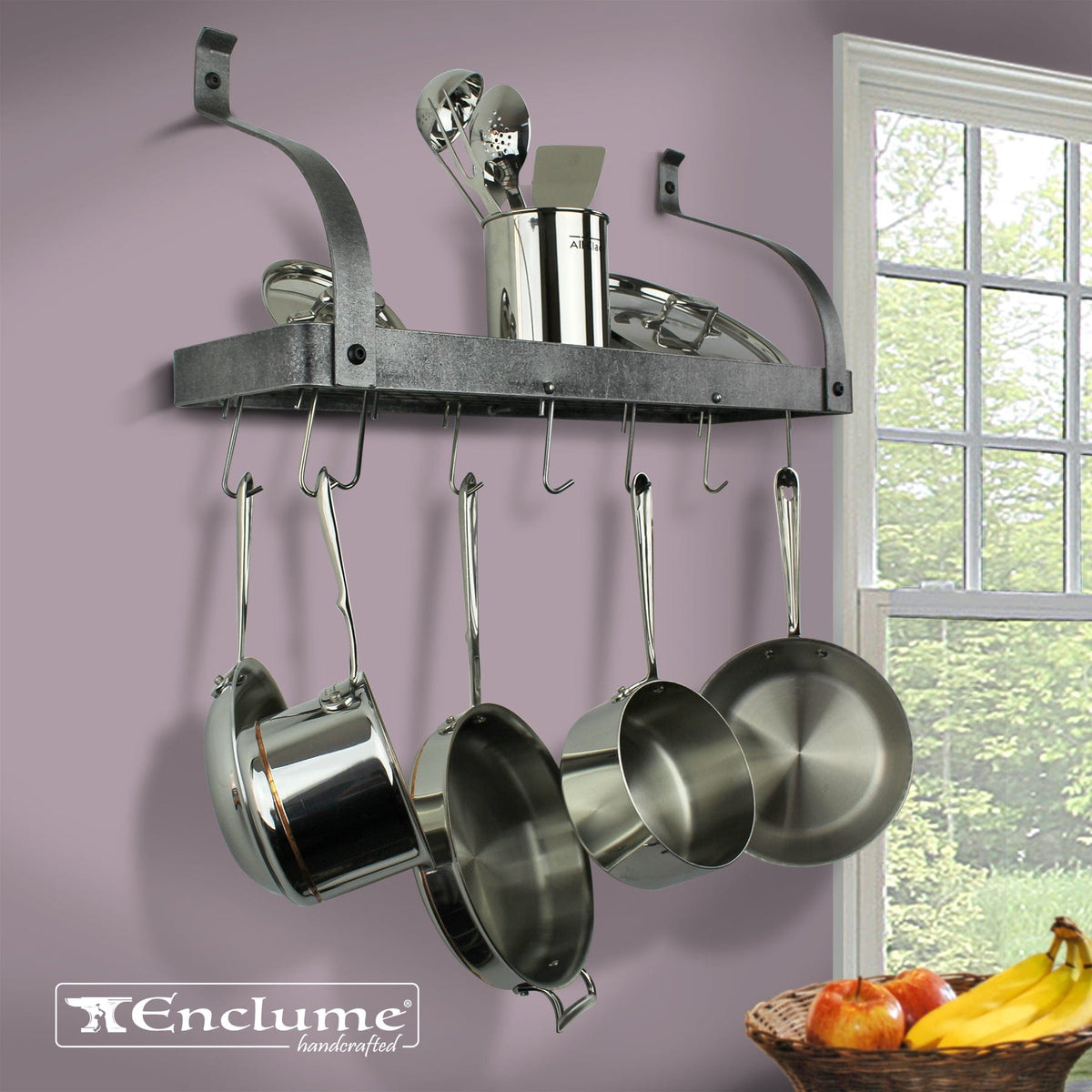Enclume Wall Hammered Steel / Curved 36" Gourmet Bookshelf Wall Rack w/ 12 Hooks