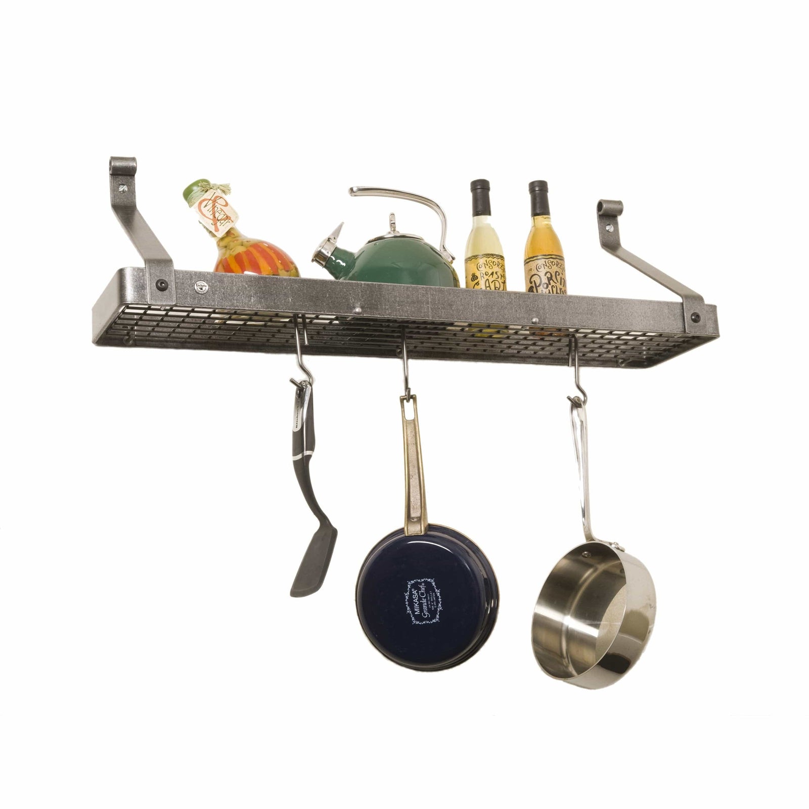 Enclume Wall Hammered Steel / Rolled Eye 30" Gourmet Bookshelf Wall Rack w/ 12 Hooks