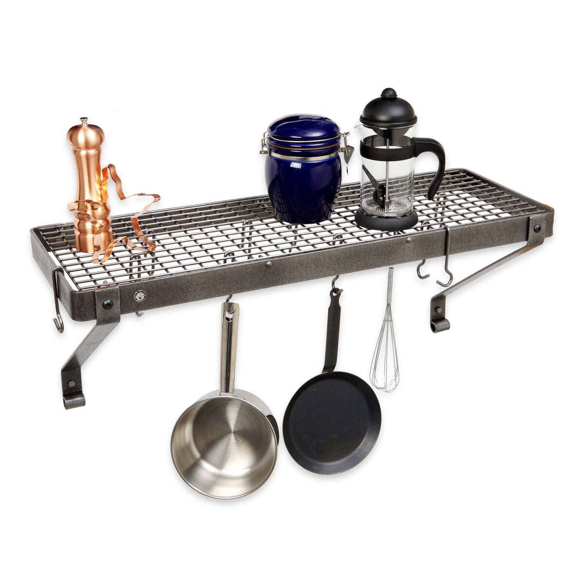 Enclume Wall Hammered Steel / Rolled Eye 30" Gourmet Deep Bookshelf Wall Rack w/ 12 Hooks