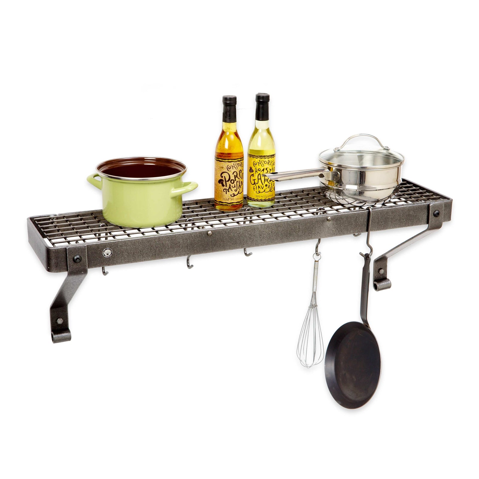 Enclume Wall Hammered Steel / Rolled Eye 36" Gourmet Bookshelf Wall Rack w/ 12 Hooks